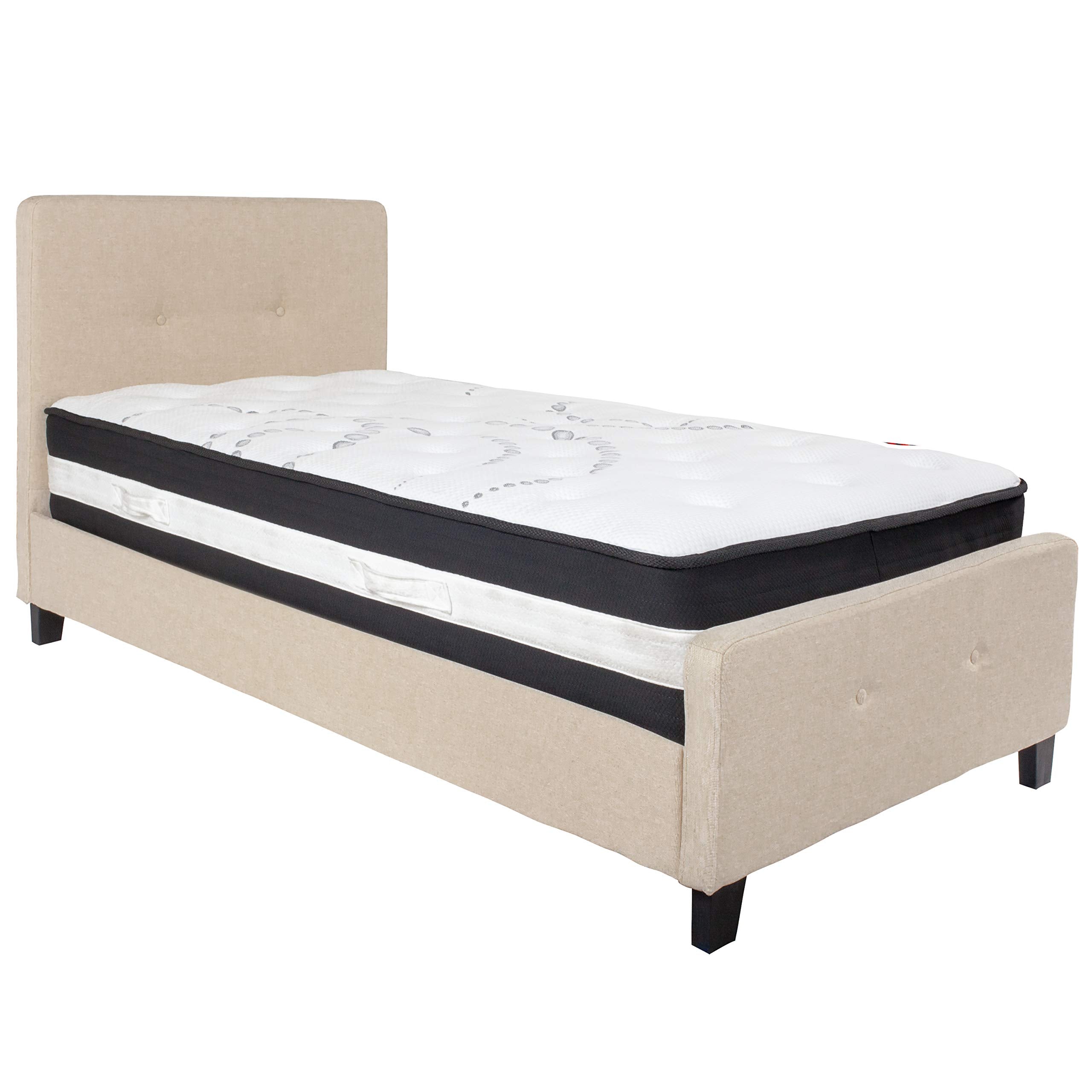 Flash Furniture Tribeca Twin Size Tufted Upholstered Platform Bed In Beige Fabric With Pocket Spring Mattress