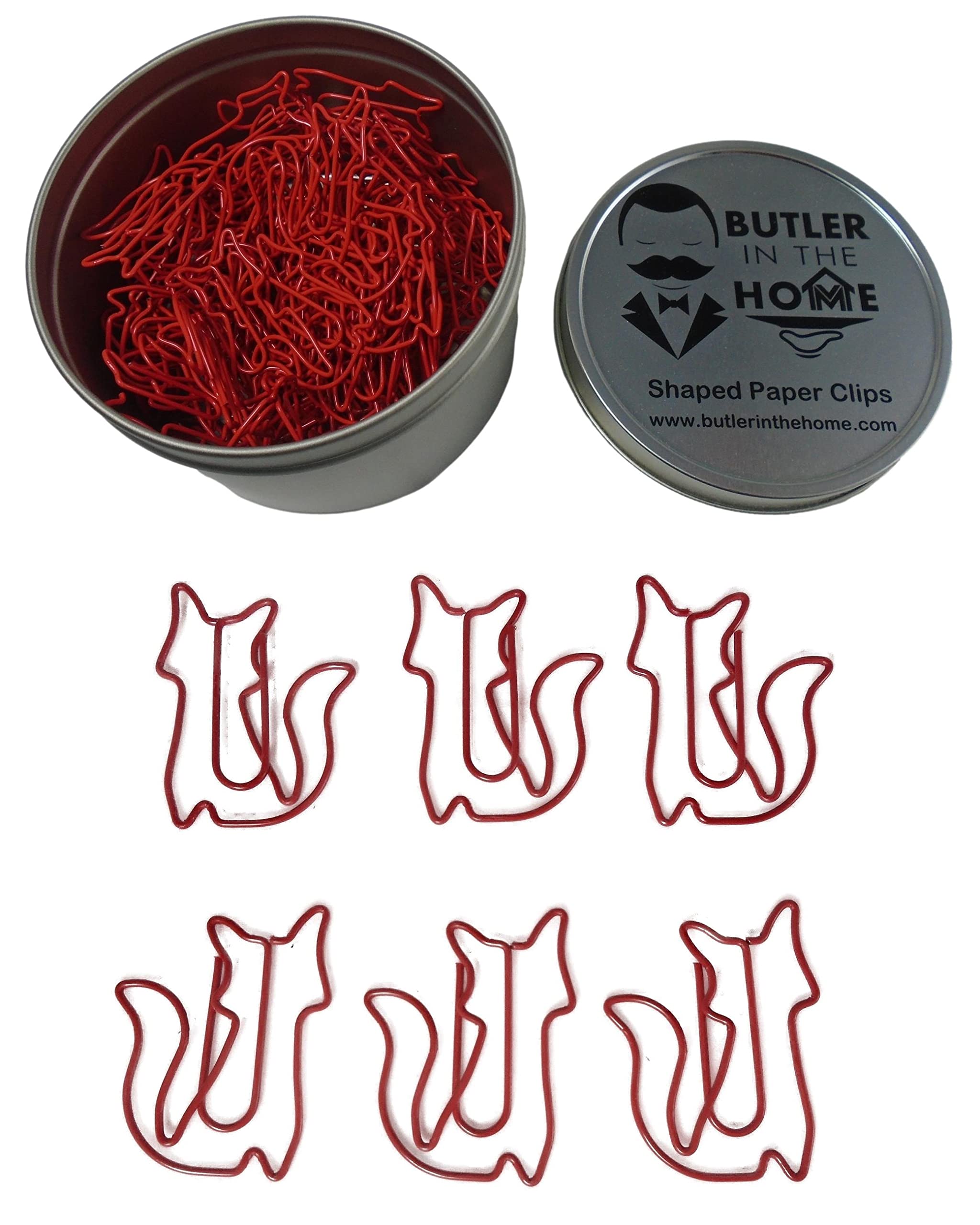 Butler In The Home 100 Count Fox Shaped Paper Clips Great For Paper Clip Collectors Or Office Gift - Comes In Round Tin With Lid