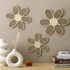 Maitys 3 Pieces Boho Daisy Wall Decor Natural Rattan Flower Wall Hanging Art Wooden Boho Wall Art Nursery Wall Decor Flowers Far