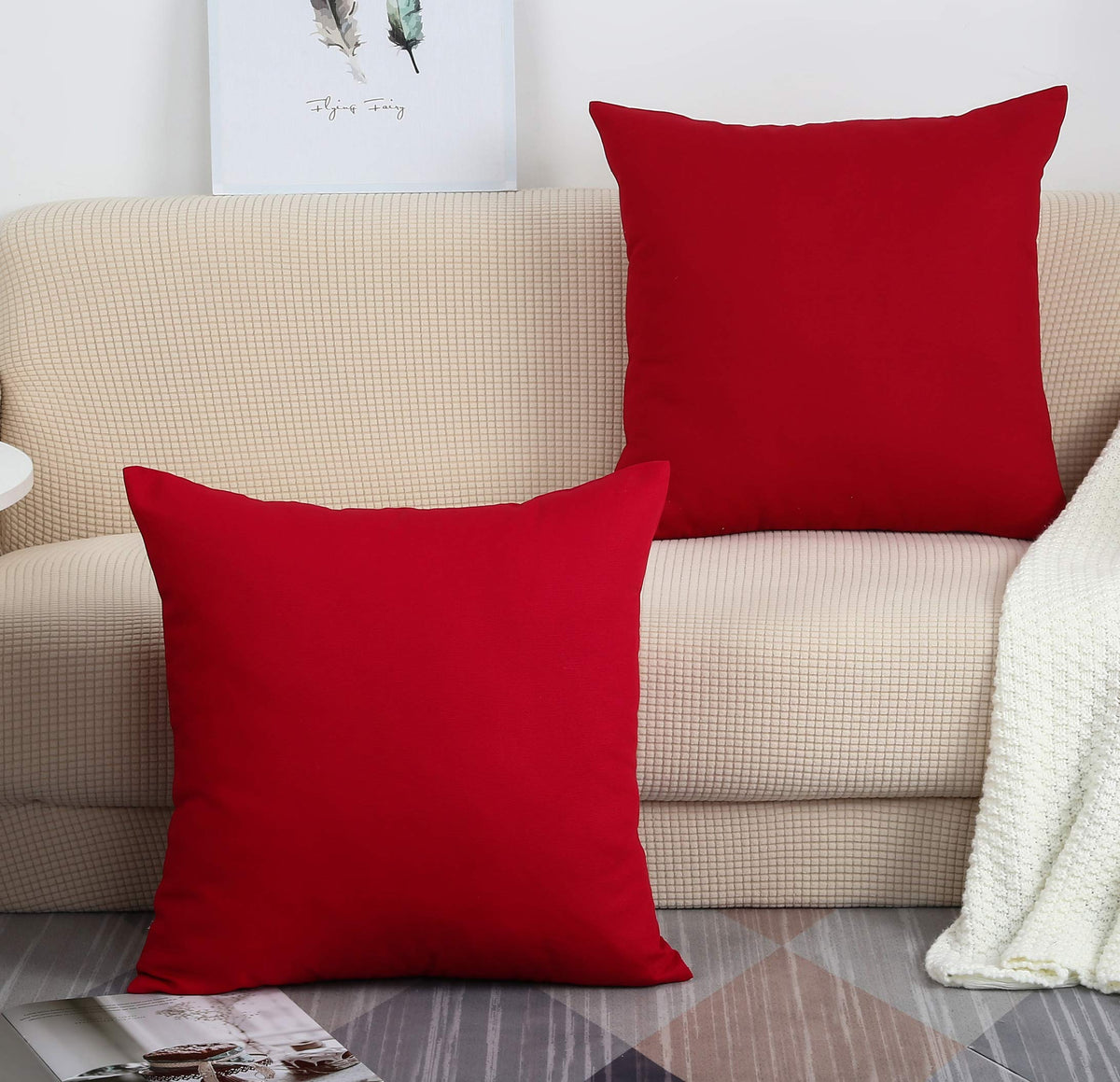 Tangdepot Handmade Decorative Solid 100% Cotton Canvas Throw Pillow Covers/Pillow Shams, (24'X24', Christmas Red)
