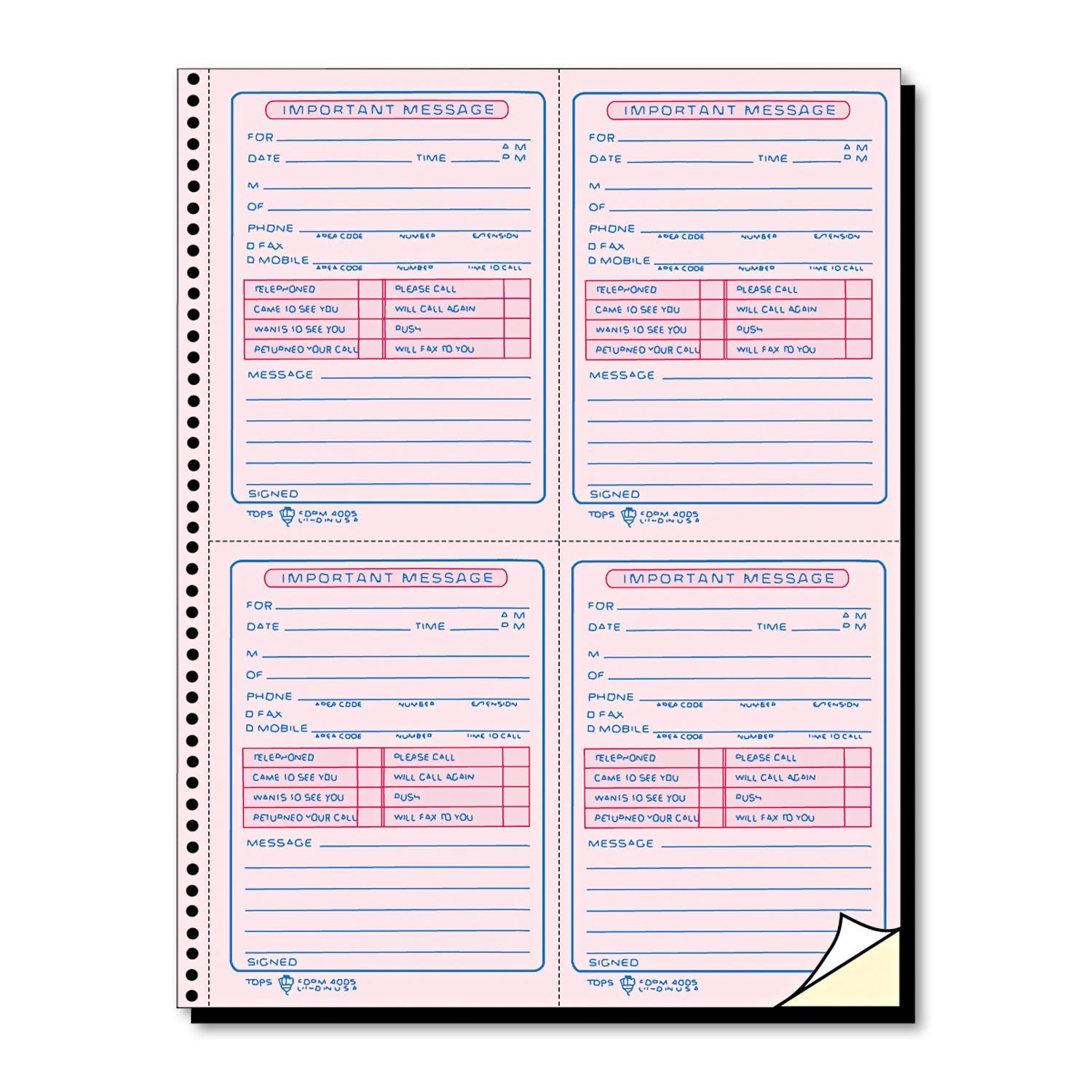 Tops Phone Message Book, Spiral Bound, 2-Part, Carbonless, White And Canary, 4 Messages Per Page, 400 Sets (4009)