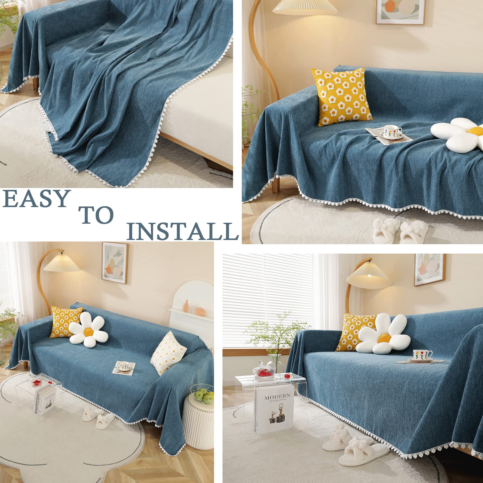 Handontime Navy Blue Sectional Couch Covers, Sofa Covers For 3 Cushion Couch Chenille Couch Cover Durable Rv Dinette Cushion Covers With Floral Lace Couch Cover For Dogs Kids Easy Fitted, 71' X134'