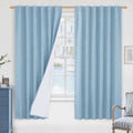 LAMIT 100% Blackout Stone Blue Linen Curtains, 63 Inches Linen Textured Thermal Bedroom Curtains Back Tab and Rod Pocket Neutral