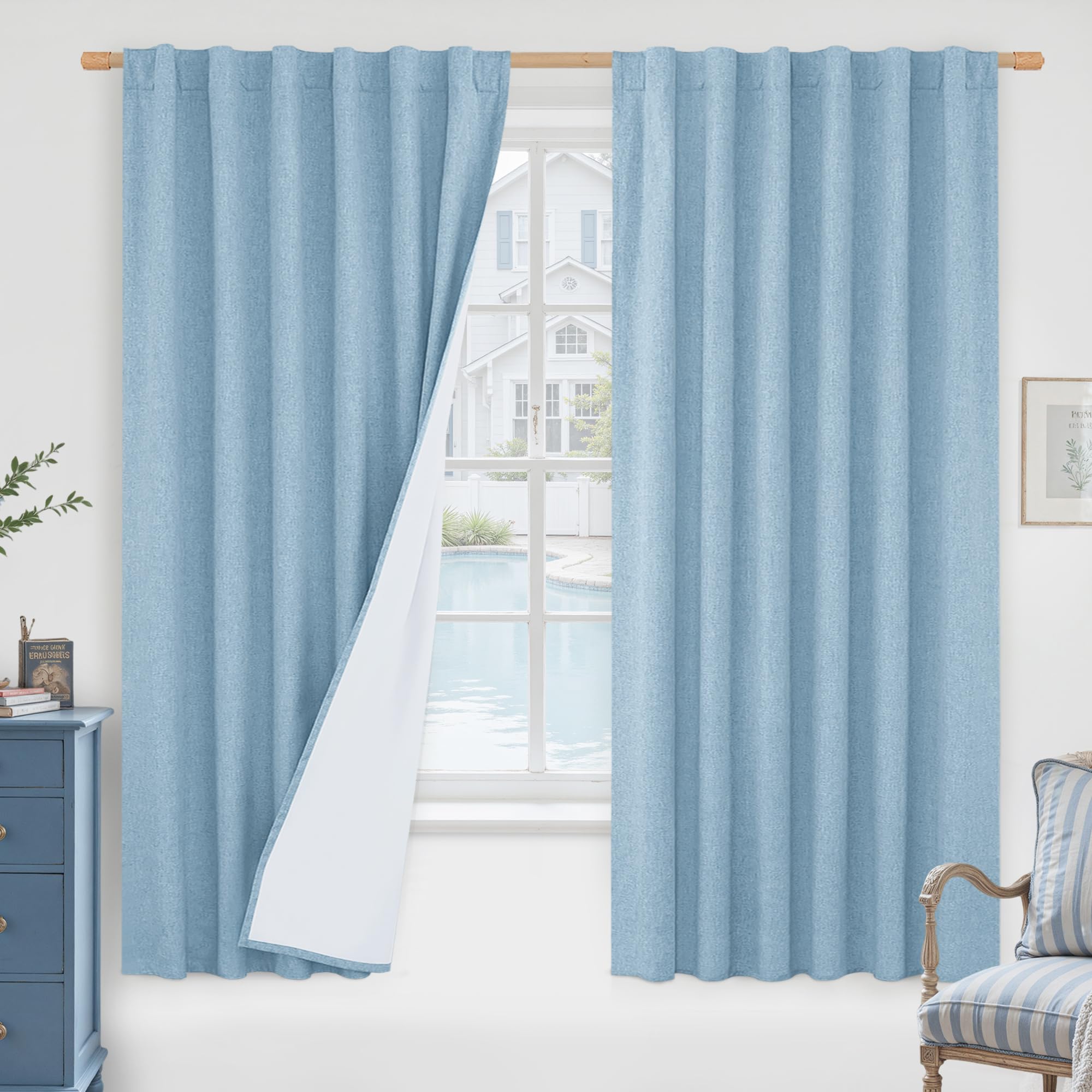 LAMIT 100% Blackout Stone Blue Linen Curtains, 63 Inches Linen Textured Thermal Bedroom Curtains Back Tab and Rod Pocket Neutral