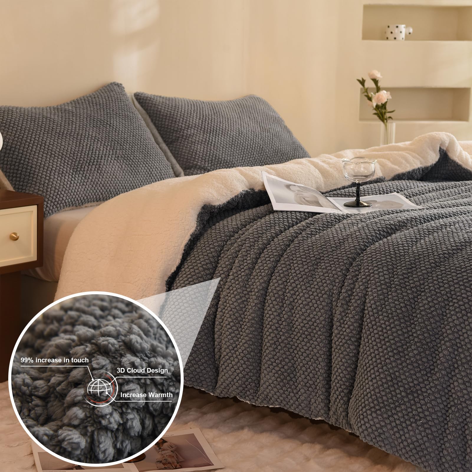 Llancl 3D Jacquard Design Comforter Set, Ultra-Soft Warm King Size Sherpa Fur Plush 3-Pieces Sets Luxury Cozy Bedding With 2 Pil