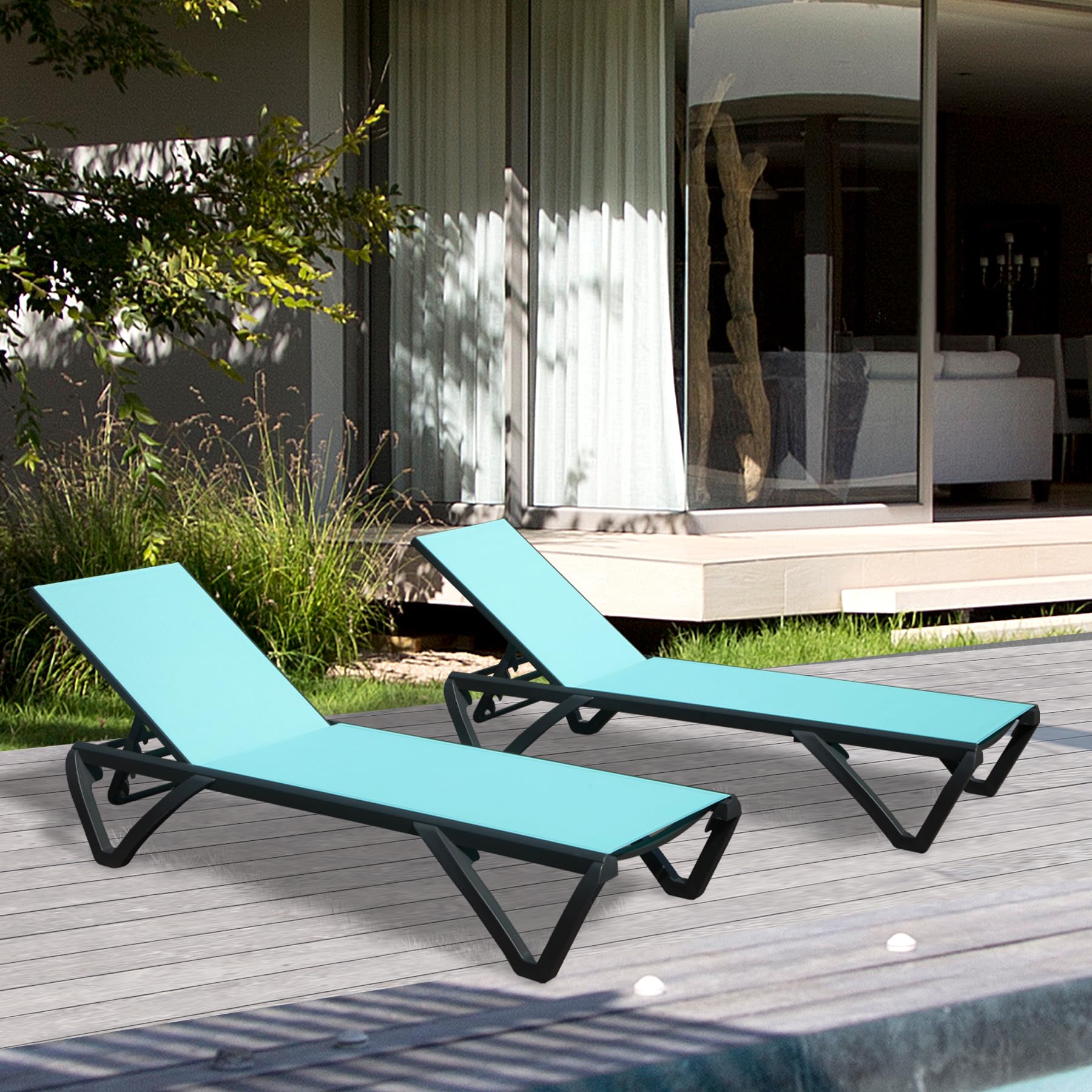 Domi Patio Lounge Chairs Set Of 2, Aluminum Pool Chaise Lounge With 5 Position Adjustable Backrest And Wheels, Outdoor Lounge Chairs For Pool, Garden, Beach, Backyard, Turquoise Blue