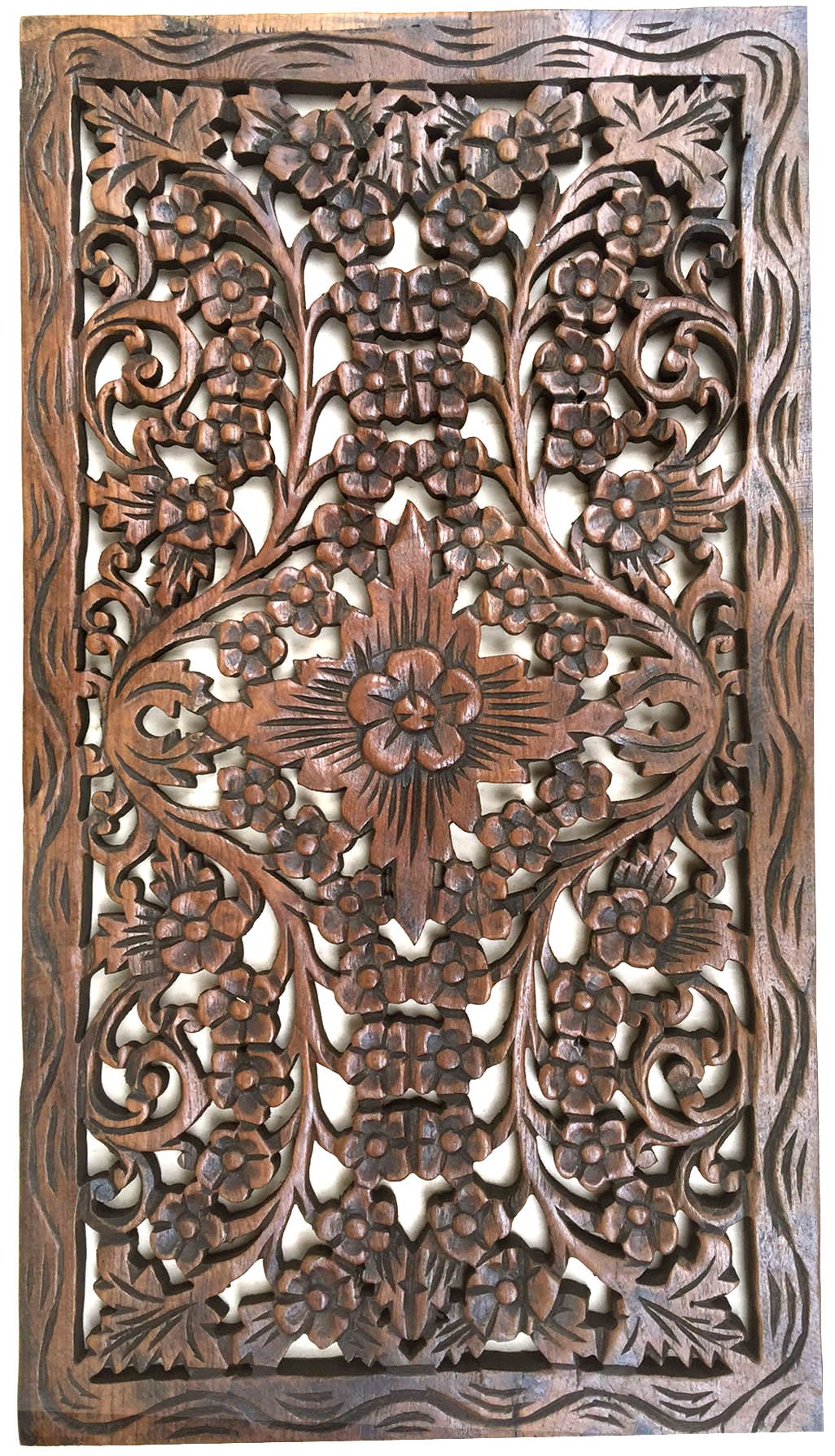 Asiana Home Decor Wood Carved Panel Thai Wall Relief Sculpture Teak Wood Dark Brown 24"x13.5"x0.5"