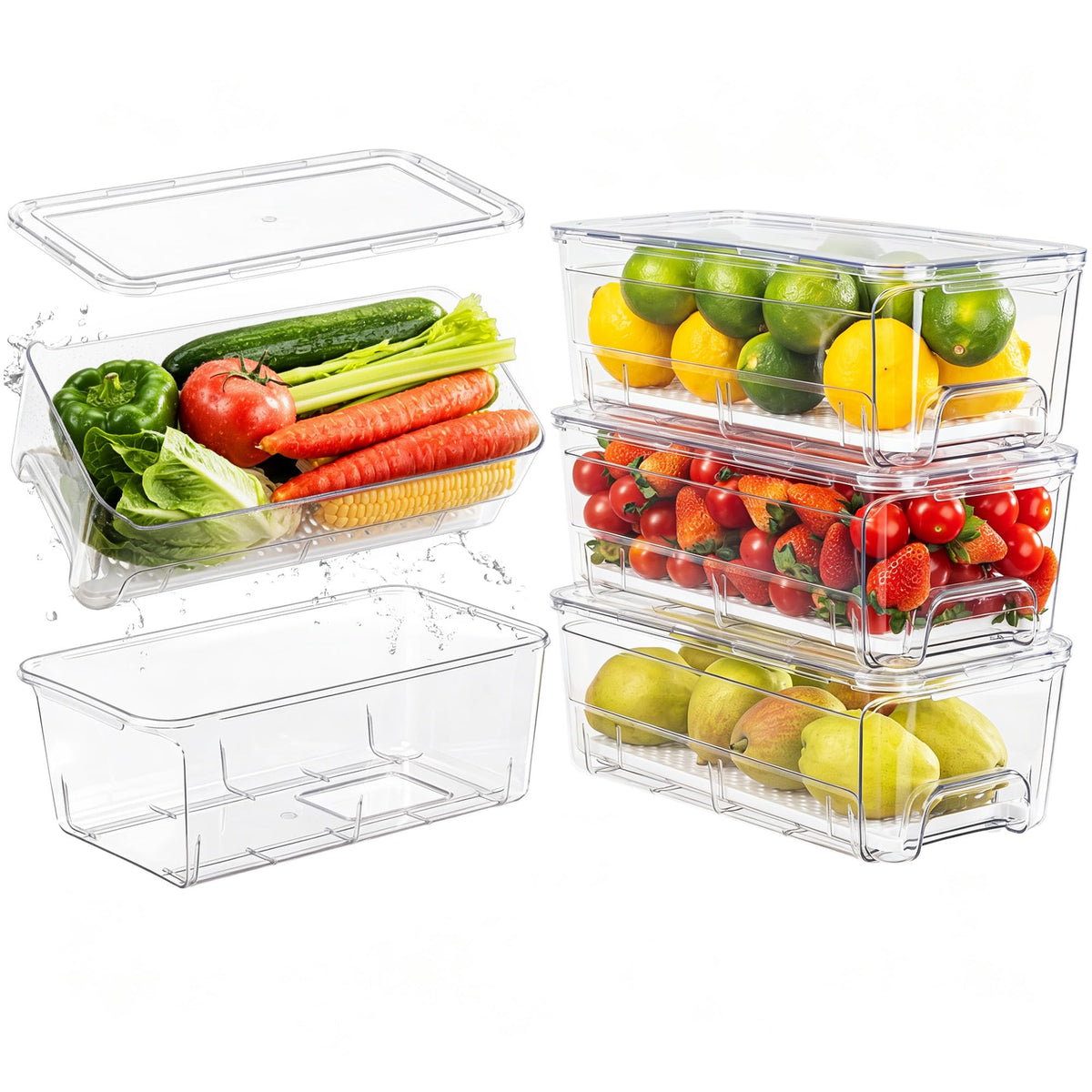 ANDGOO PullOut Fridge Organizer Bins, 4Pack, Drain Tray, Clear