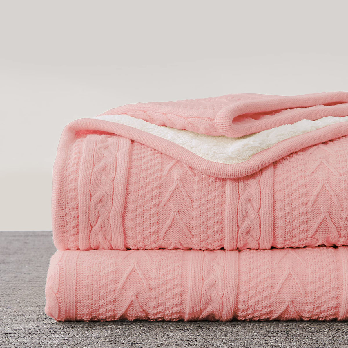 Longhui Bedding Acrylic Pink Cable Knit Sherpa Throw Blanket - Thick, Soft, Big, Cozy Knitted Fleece Blankets For Couch, Sofa, B