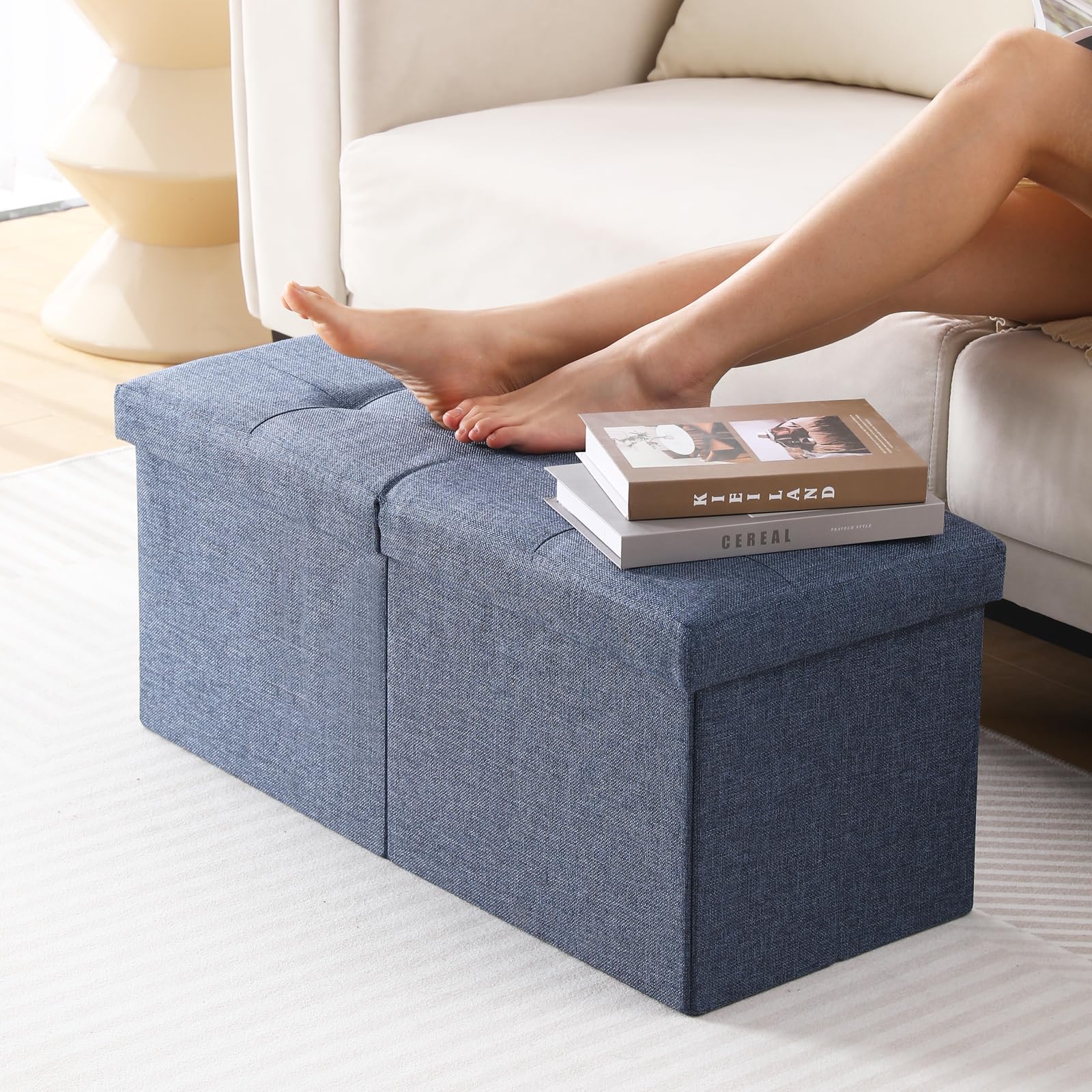 Cuyoca Storage Ottoman Bench Foldable Seat Footrest Shoe Bench End Of Bed Storage With Flipping Lid, 75L Storage Space, 30 Inches Linen Fabric Navy