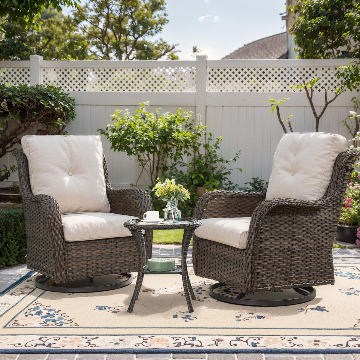 Patio Furniture Set Swivel Rcoker - 3 Pieces Outdoor Glider Rocking Chairs With Small Side Table, Wicker Chair Sets For Porch, Balcony And Garden