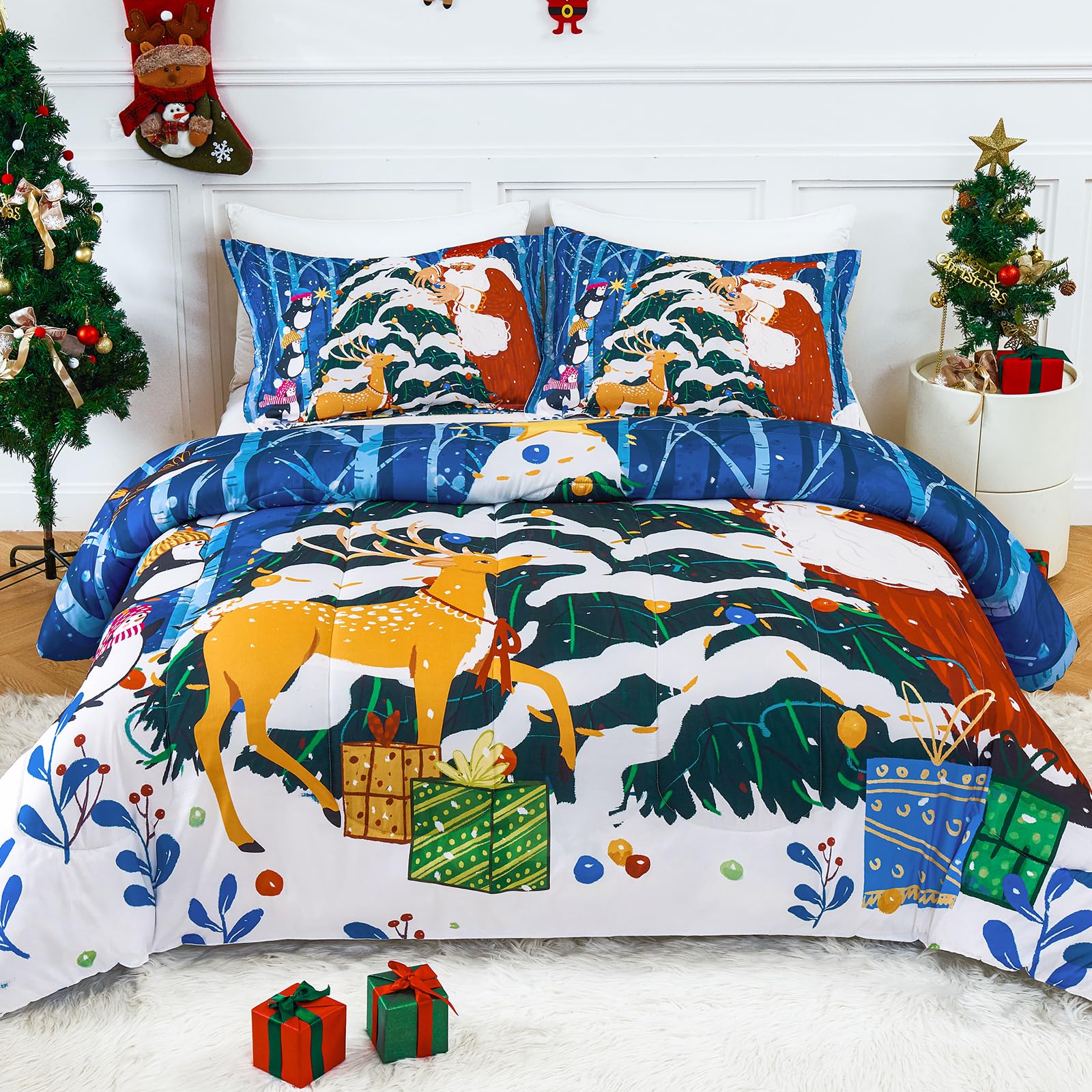 Yiyea Christmas Twin Comforter Set For Girls Boys, Cute Kids Comforter With Pillowcase, Ultra Soft Brushed Microfiber Christmas