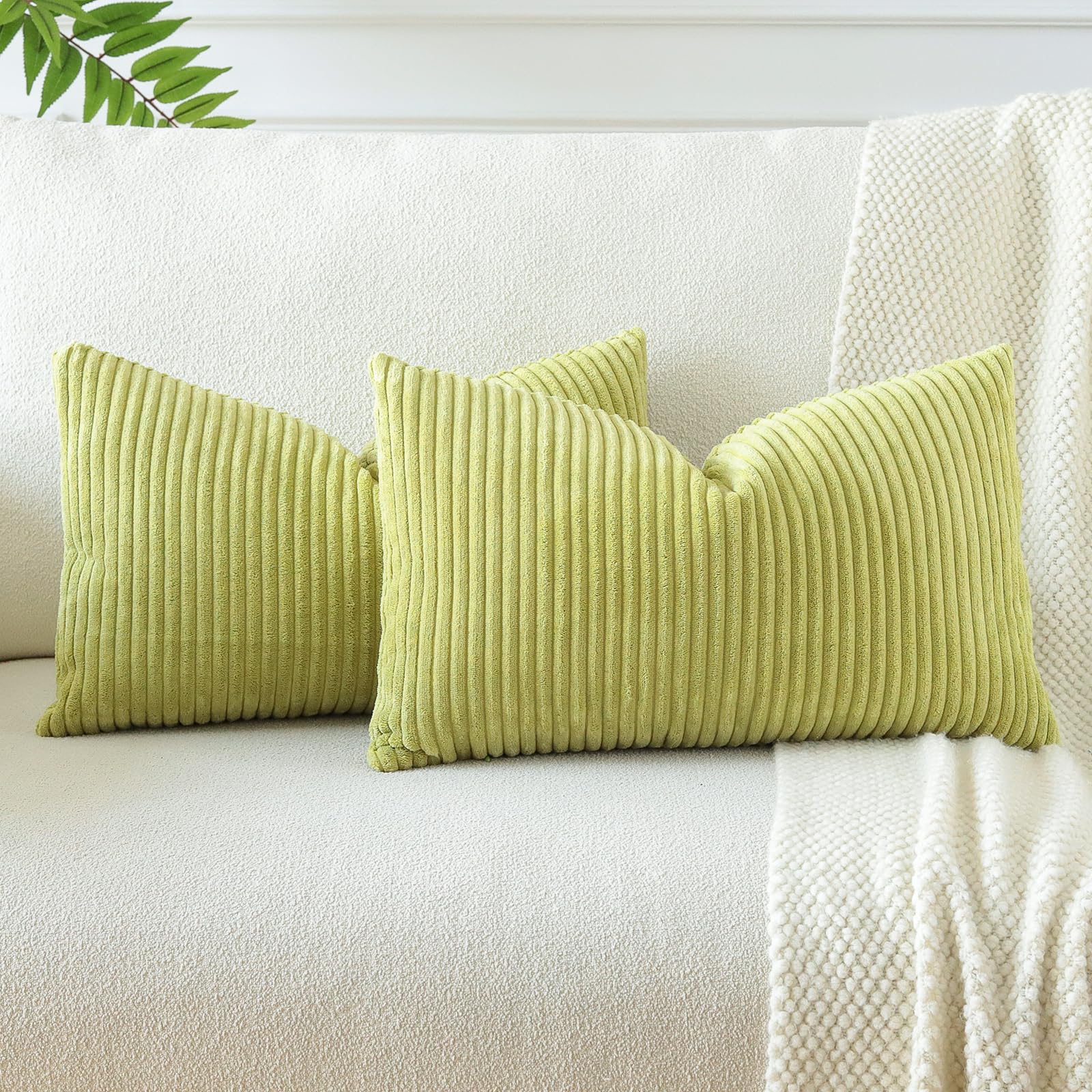 Otostar Corduroy Decorative Throw Pillow Covers 12 X 20 Inch Soft Striped Solid Pillow Covers Lumbar Cushion Case Couch Pillowcases For Sofa Bed Home Decor Pack Of 2 (Bud Green)