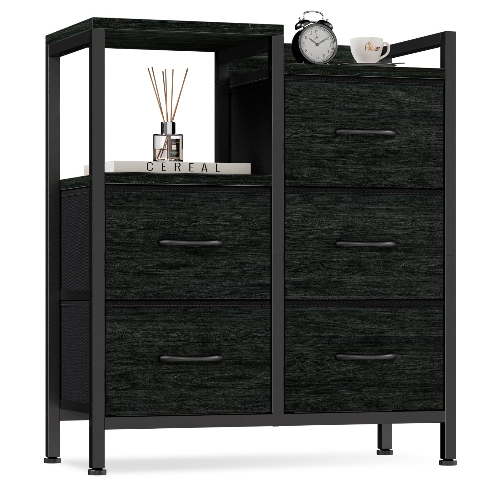 Furnulem 5 Drawer Black Dressers For Bedroom 2 Tier Shelf Storage Small Fabric Dresser For Closet Sturdy Metal Frame Modern Style Storage Cabinets Organization Units For Hallway Rooms