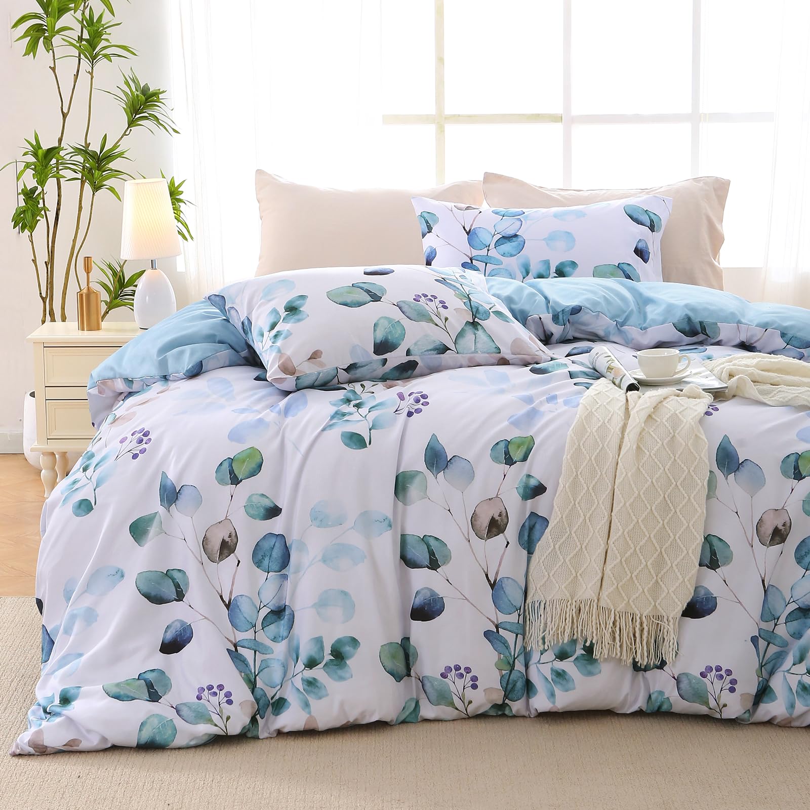 Muxhomo Duvet Cover King Size, Reversible Floral Blue Duvet Cover Set With Zipper Closure, 3 Pieces Botanical Patterns Soft Micr