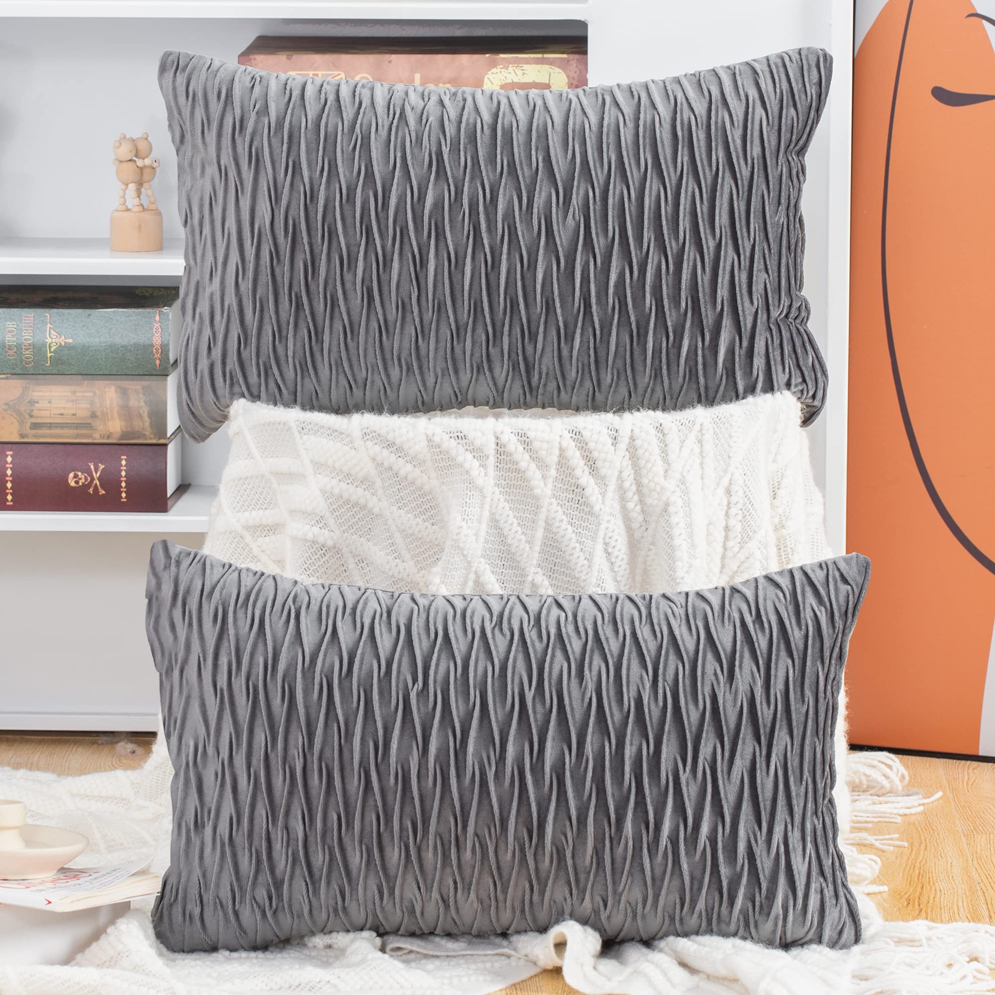 Madizz Set Of 2 Super Soft Velvet Decorative Throw Pillow Covers 12X20 Inch Grey Rectangular With Texture Luxury Style Cushion C