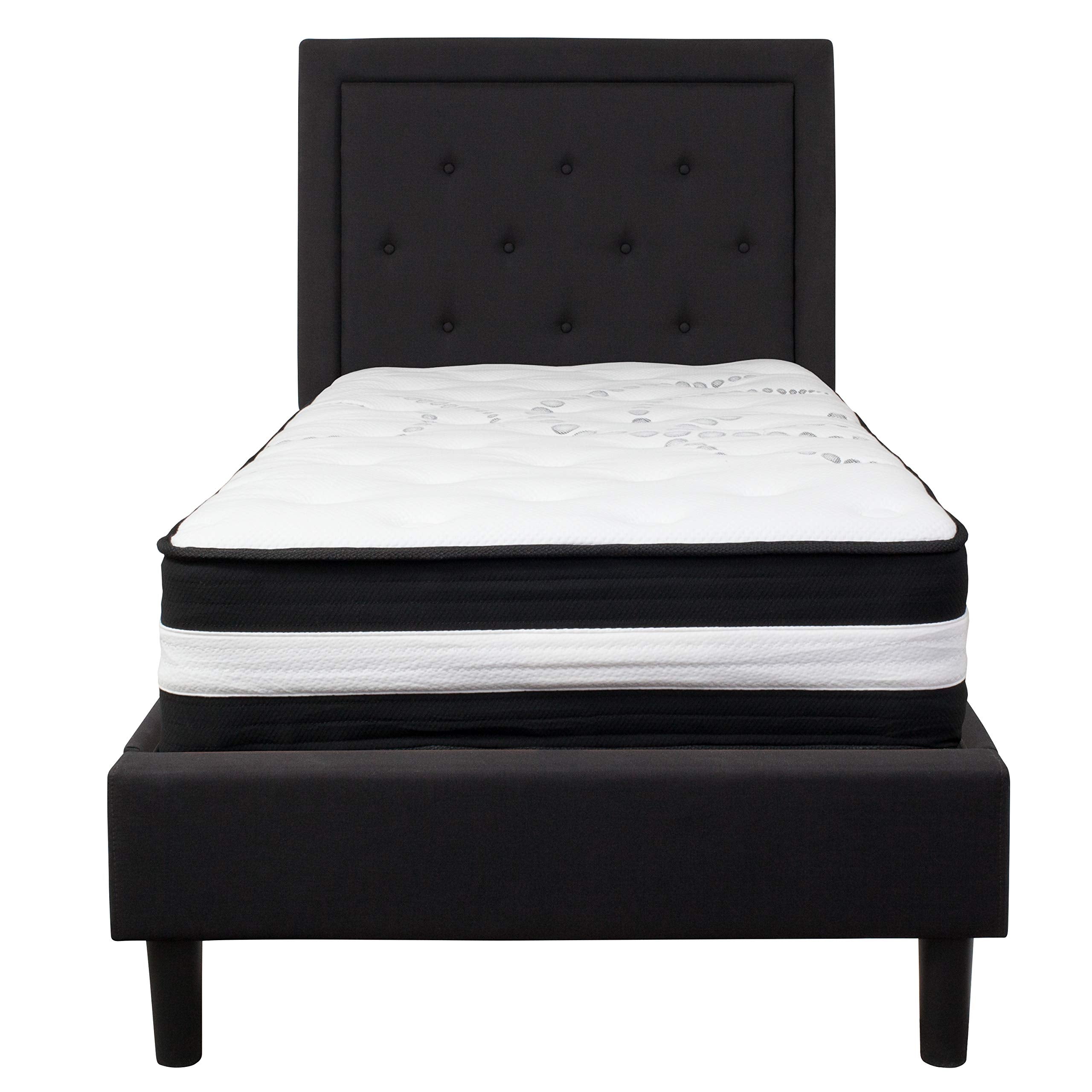 Flash Furniture Roxbury Twin Size Tufted Upholstered Platform Bed In Black Fabric With Pocket Spring Mattress
