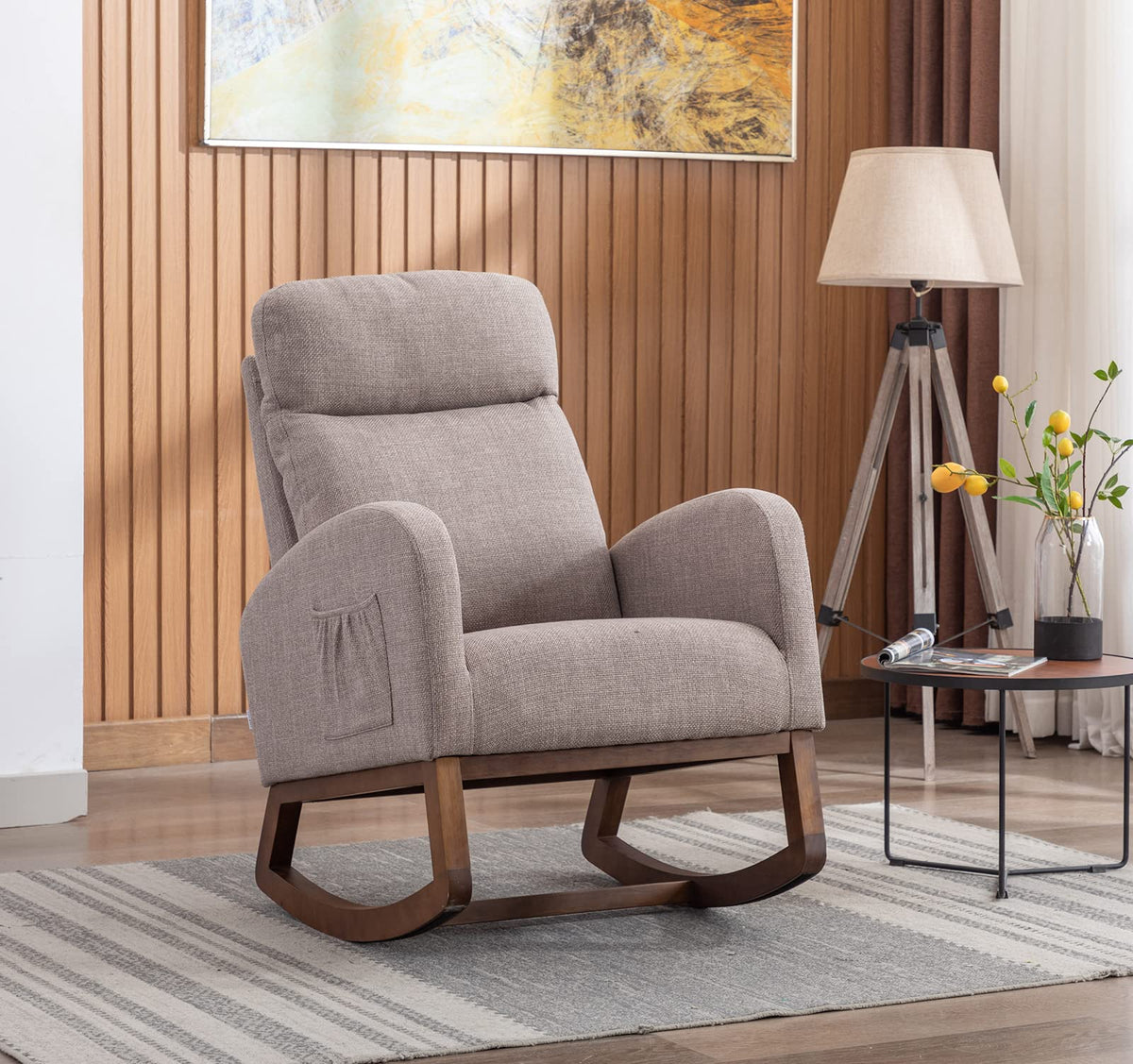 Antetek Modern Accent Rocking Chair, Upholstered Nursery Glider Rocker For Baby, Comfy Armchair With Side Pocket, Living Room Lounge Arm Chair, High Backrest With Headrest Shape Design (Grey)