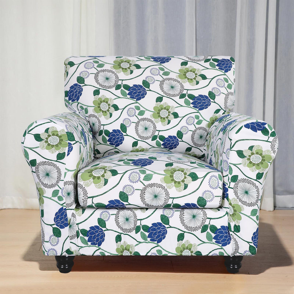 Searchi Stretch Sofa Cover Printed Couch Covers, Floral Pattern 2 Piece Armchair Slipcover With Separate Chair Cushion Cover, Washable Furniture Protector For Living Room(Armchair, Green Flowers)