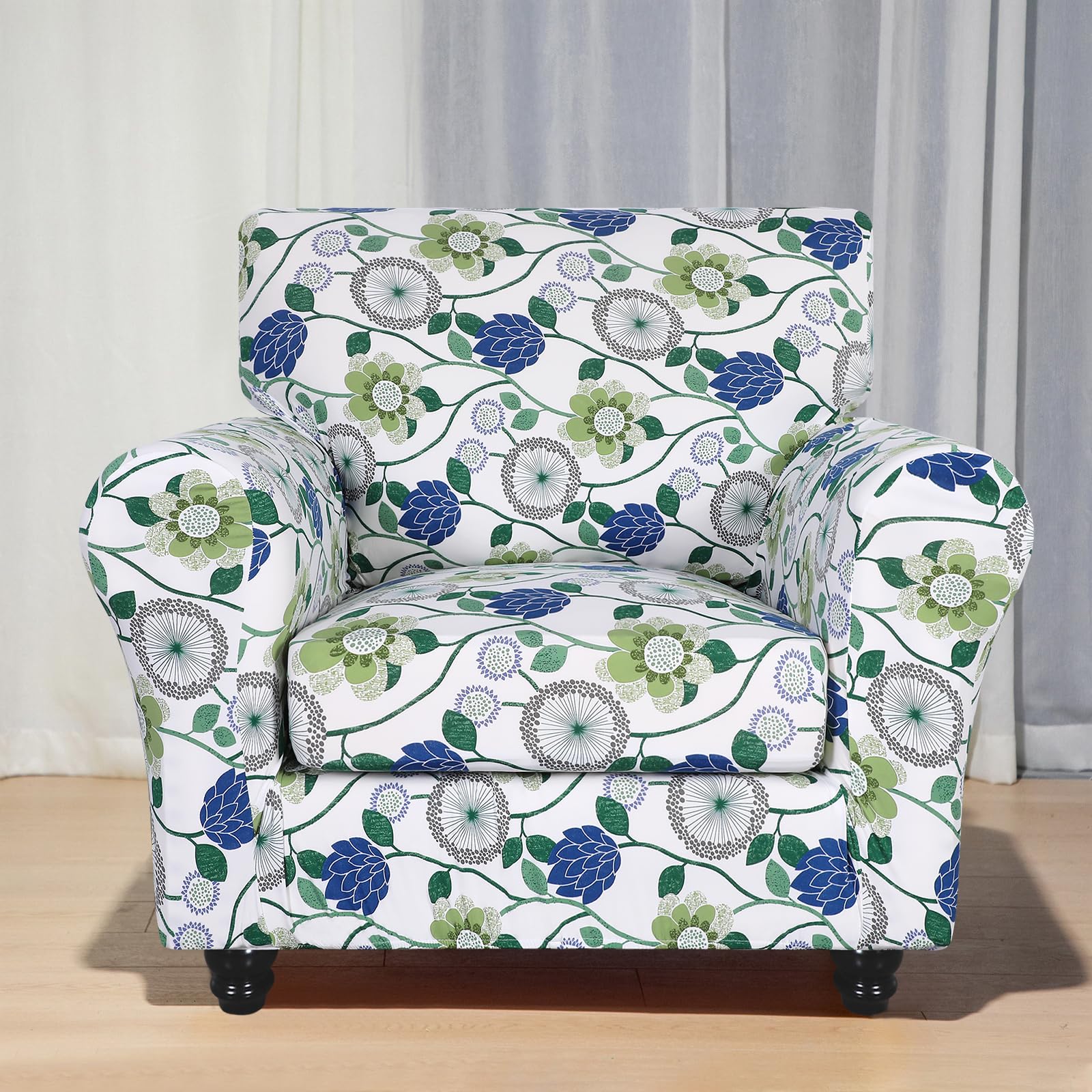 Searchi Stretch Sofa Cover Printed Couch Covers, Floral Pattern 2 Piece Armchair Slipcover With Separate Chair Cushion Cover, Washable Furniture Protector For Living Room(Armchair, Green Flowers)