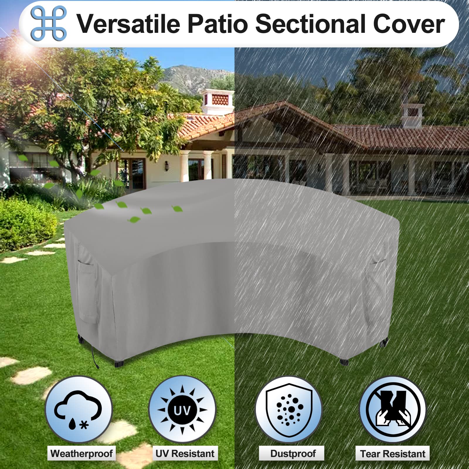 Outdoorlines Waterproof Curved Outdoor Sectional Cover - Uv Resistant Windproof Patio Sectional Sofa Covers For Deck, Lawn And Backyard, Heavy Duty Furniture Covers (90Lx34Dx32Hx46Fl, Gray)