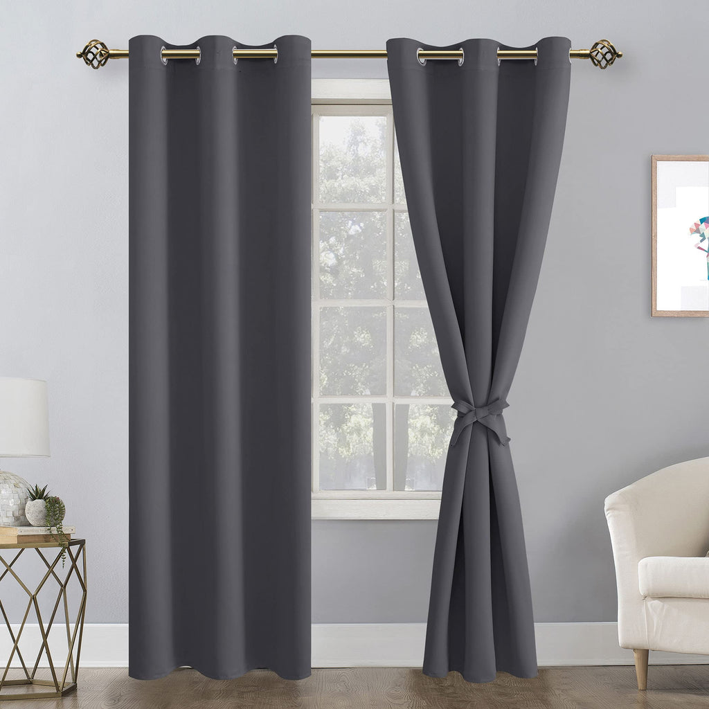 Hiasan Grommet Blackout Curtains For Bedroom, 38 X 84 Inches Long - Thermal Insulated & Light Blocking Window Curtains For Living Room, 2 Drape Panels Sewn With Tiebacks, Dark Grey