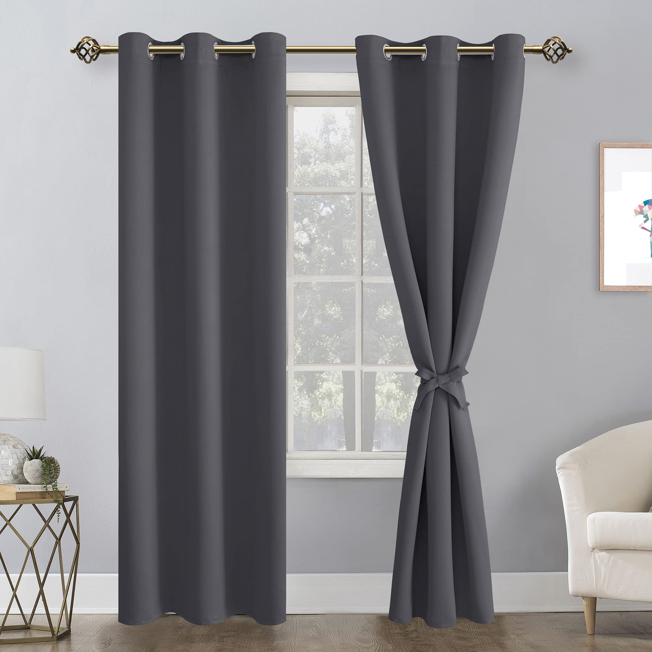 Hiasan Grommet Blackout Curtains For Bedroom, 38 X 84 Inches Long - Thermal Insulated & Light Blocking Window Curtains For Living Room, 2 Drape Panels Sewn With Tiebacks, Dark Grey
