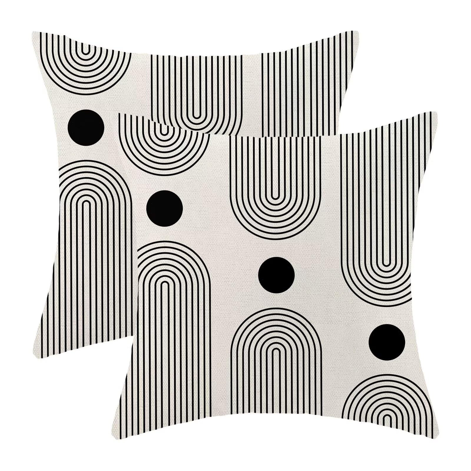 Boho Mid Century Pillow Covers 22X22 Inch Set Of 2, Abstract Simple Black And White Stripe Decorative Throw Pillowcase Boho Stri