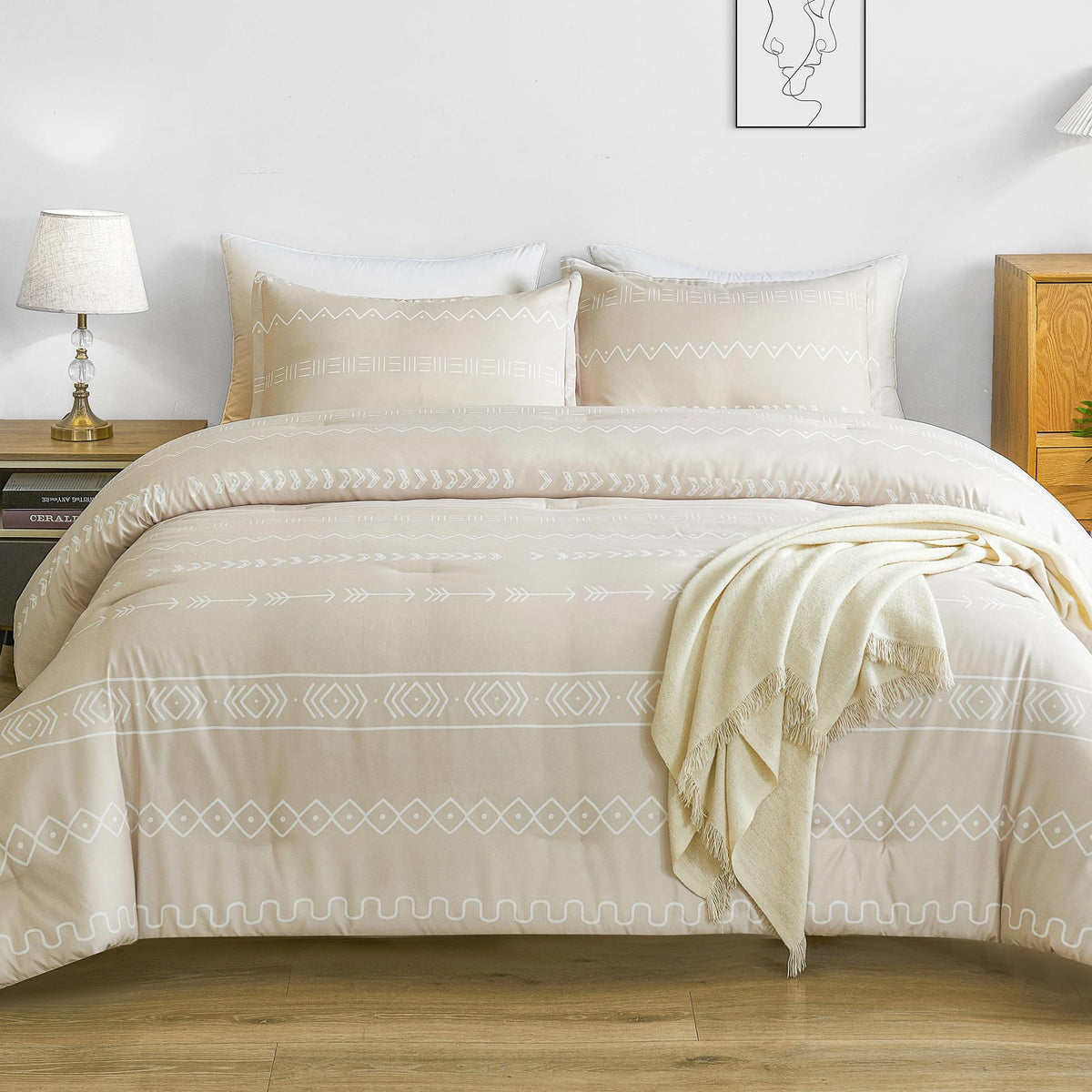 Andency Cream Comforters Queen Size Set, 3 Pieces Bedding Comforter Sets (1 Geometric Striped Comforter & 2 Pillowcases), Bohemi