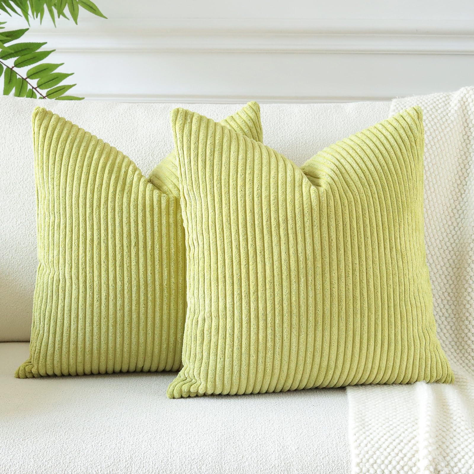 Otostar Corduroy Boho Decorative Throw Pillow Covers 24 X 24 Inch Soft Striped Cushion Case Home Farmhouse Decor Pillowcase For Couch Sofa Bedroom Decorative Pillow Covers Set Of 2 (Bud Green)