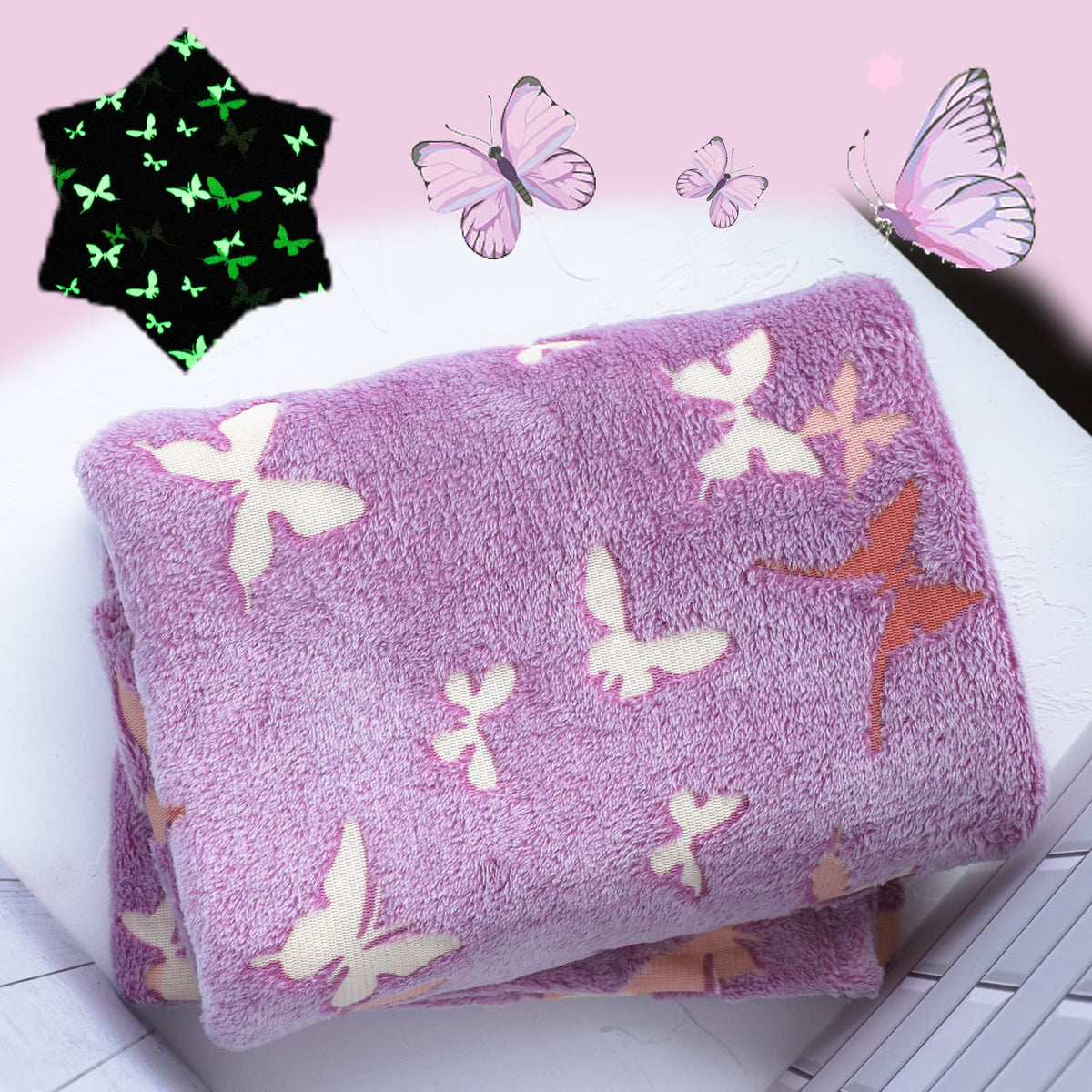 Glow In The Dark Butterfly Throw Blanket With Storage Bag, Soft Throw Blanket For Girls Boys, Camping Blanket, Gifts For Childre