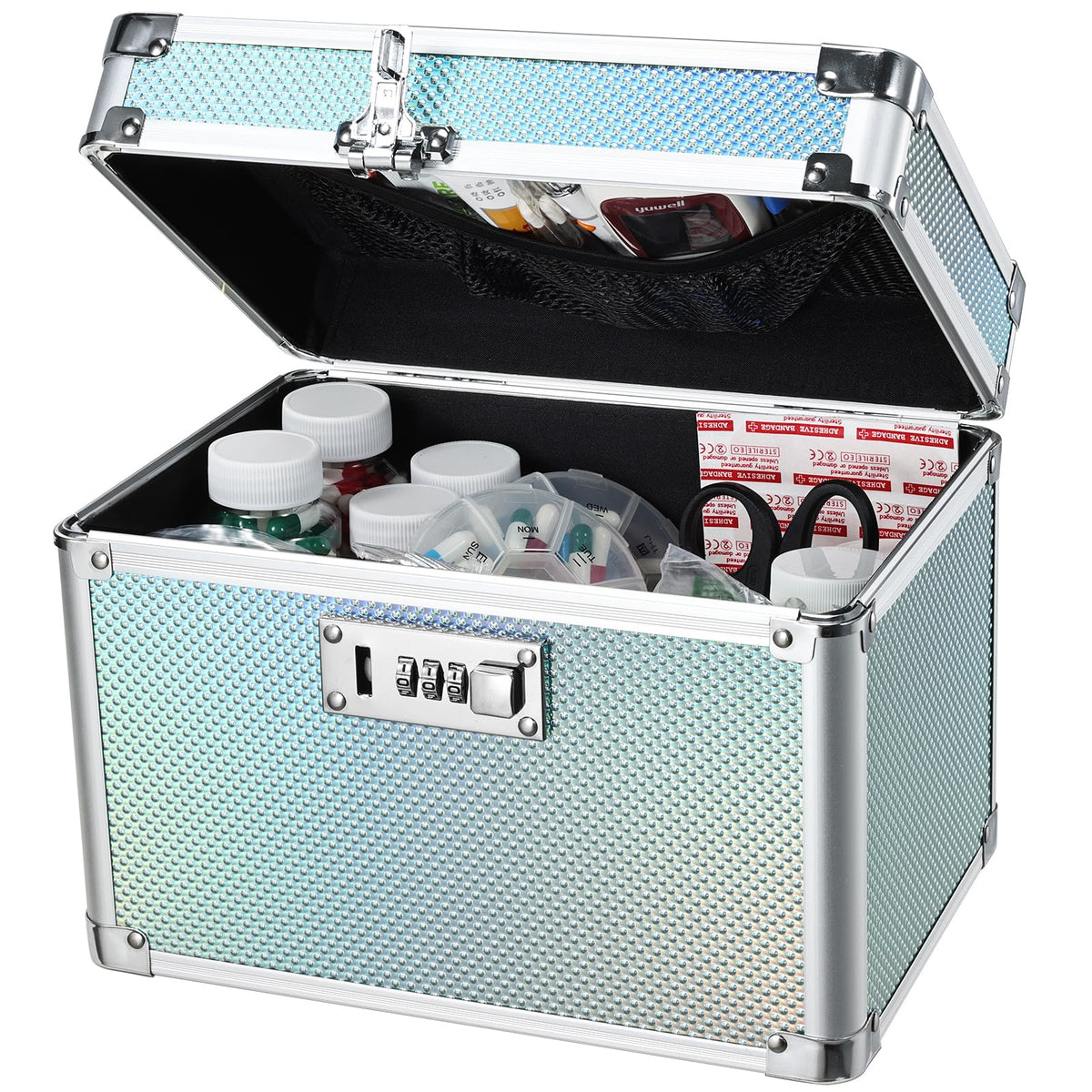 Adazzo Lockable Medicine Storage Box  Turquoise Cabinet Med Lock Organizer, 10 x 7 x 7.9 Inches Safe Med Case with Lock for Hom