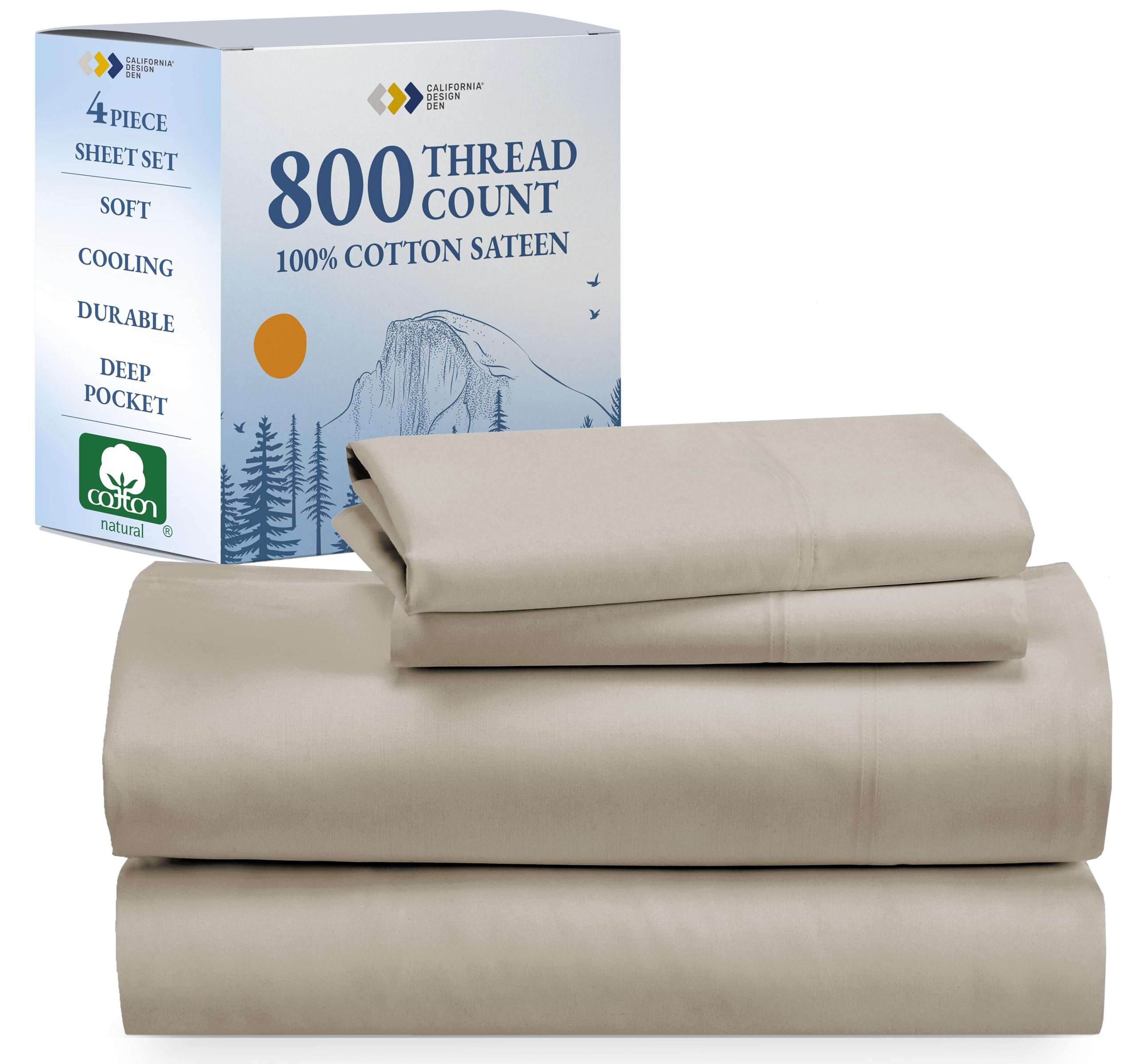 California Design Den Luxury Queen Sheet Set - 800 Thread Count, 100% Cotton Sateen For Queen Size Bed - Bedding Set With Deep Pockets, Cooling & Softer Than Egyptian Cotton Bedsheets (Beige)