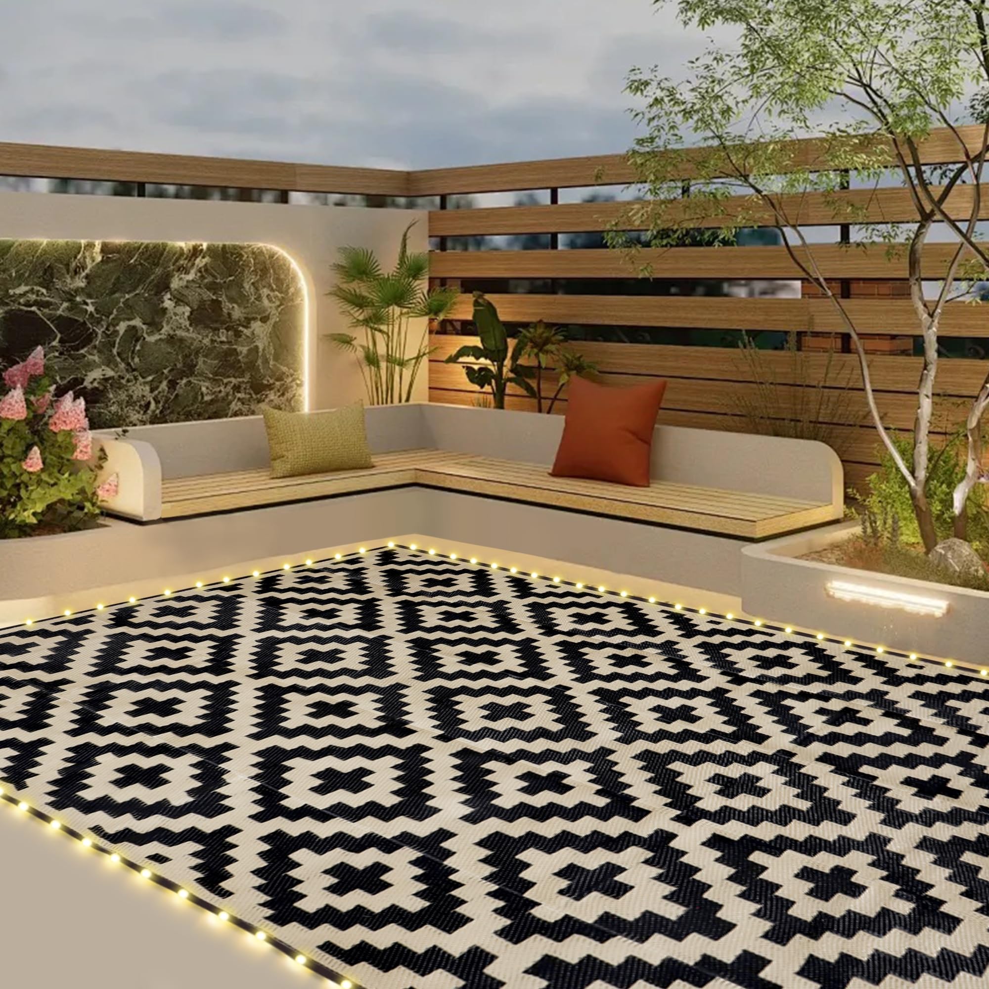 Sand Mine Reversible Mats With Led Strip Lights, Plastic Straw Rug, Modern Area Rug, Large Floor Mat For Outdoors, Patio, Backya