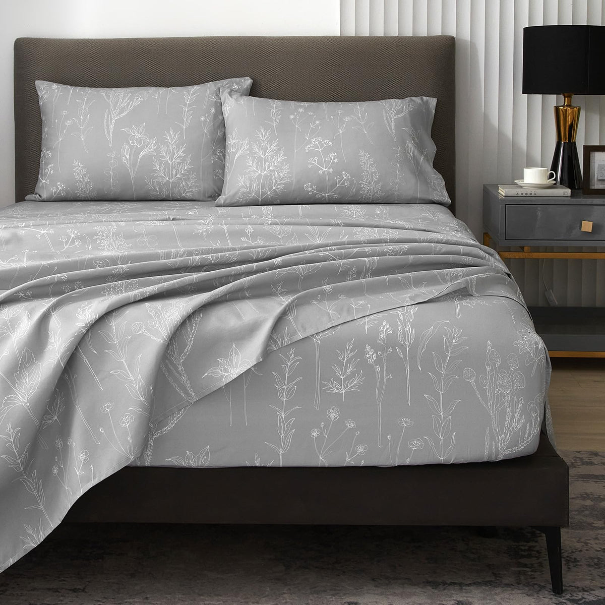 Hyprest Floral Bed Sheets, 18 Inch Deep Pocket Queen Sheets Ligh Grey Patterned Sheets Soft Luxury Cooling 1800 Thread Count