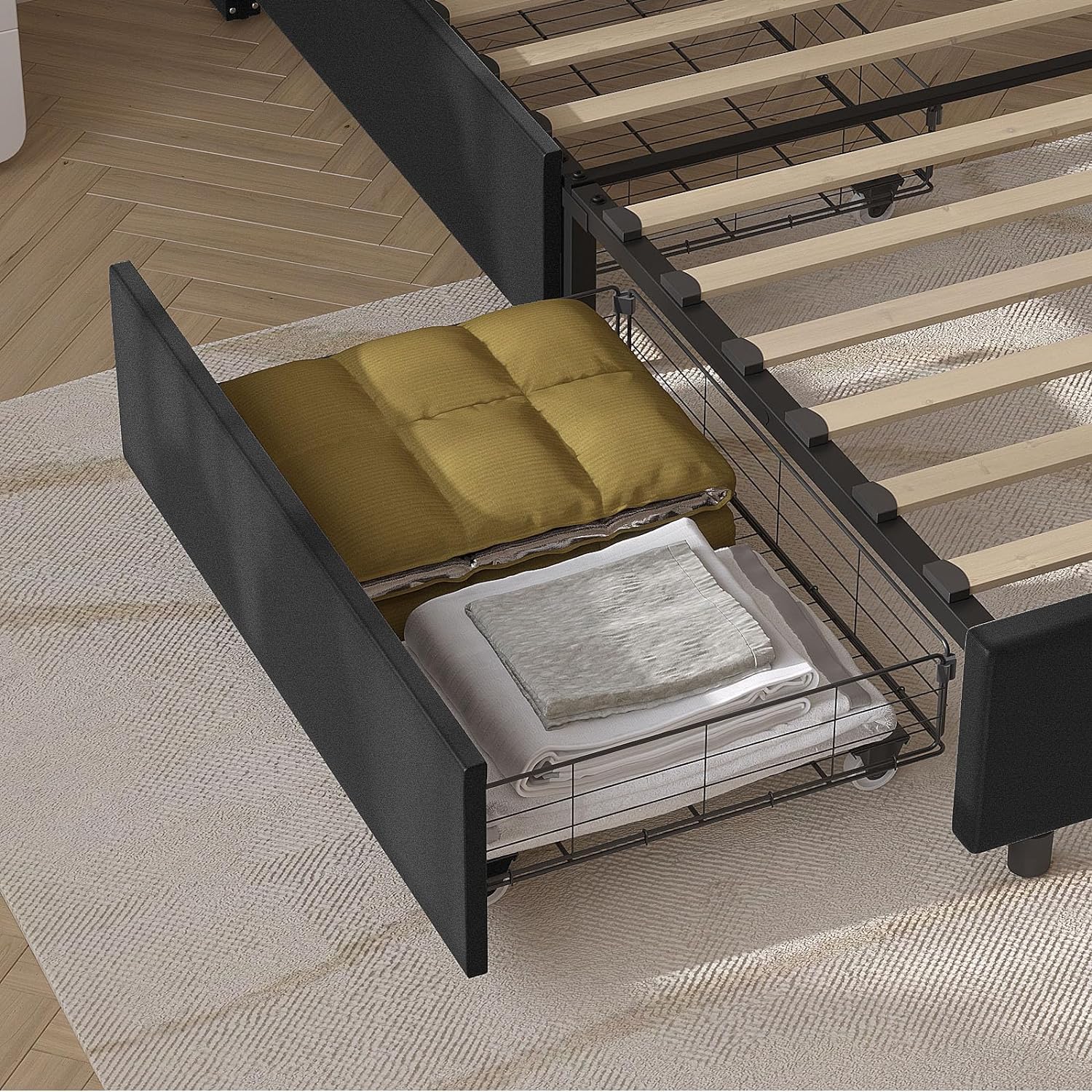 Woodpeckers Furniture And Mattress Amelia 4-Drawer Velvet Platform Bed (Black, Queen (U.S. Standard))