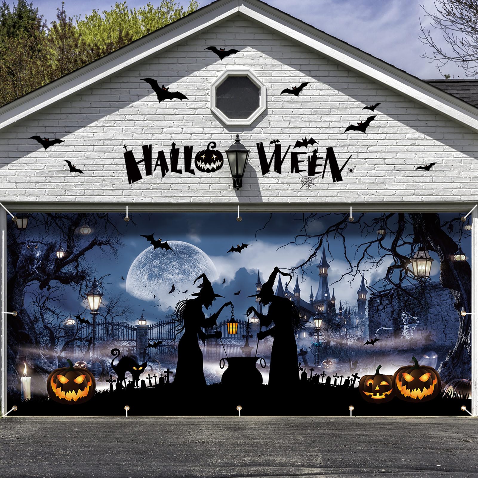 7 X 16Ft Halloween Garage Door Cover,Large Halloween Garage Door Decorations,Witch Hanging Garage Door Halloween Banner,Holiday