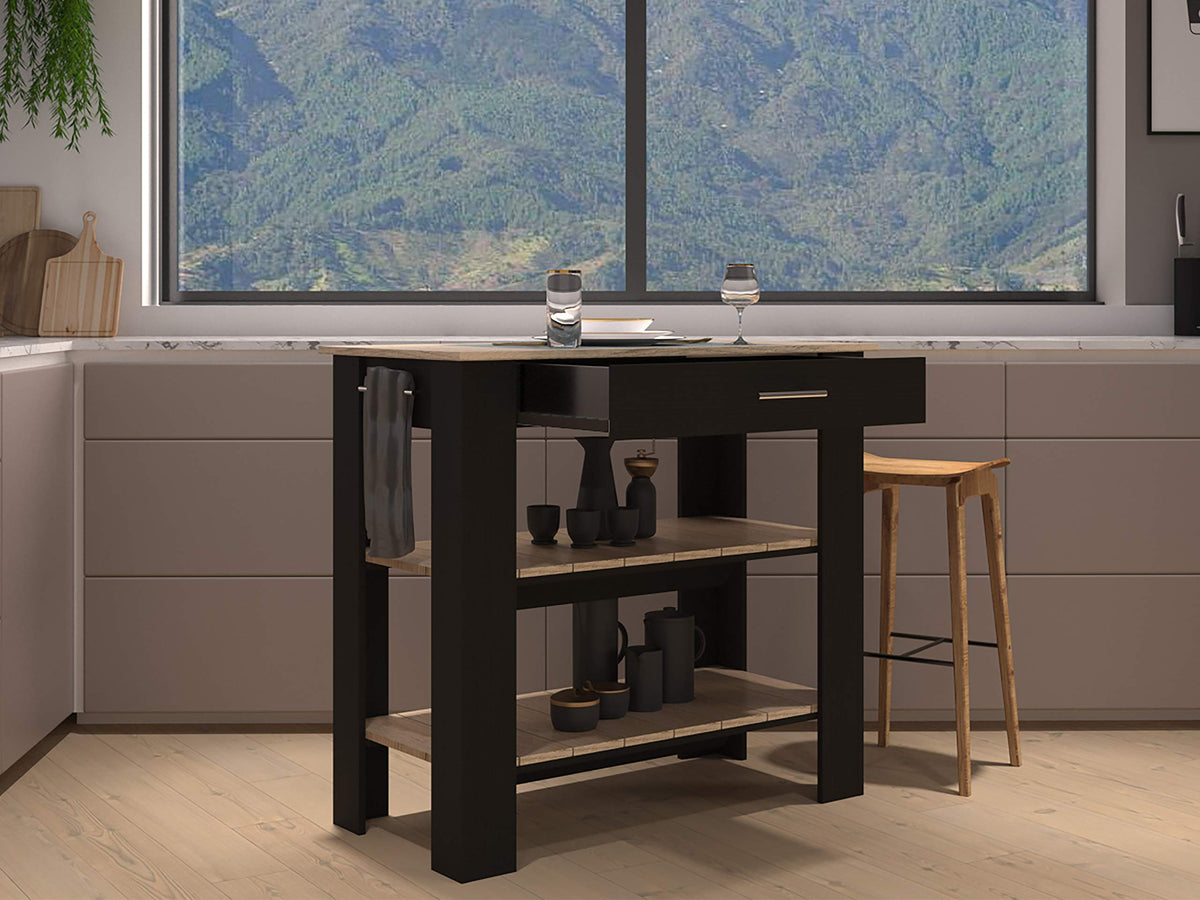 Kitchen Island 37&quot; H, 2 Open Storage Shelves, 1 Drawer, 4 Legs,Towel Hanger, Black/Light Oak