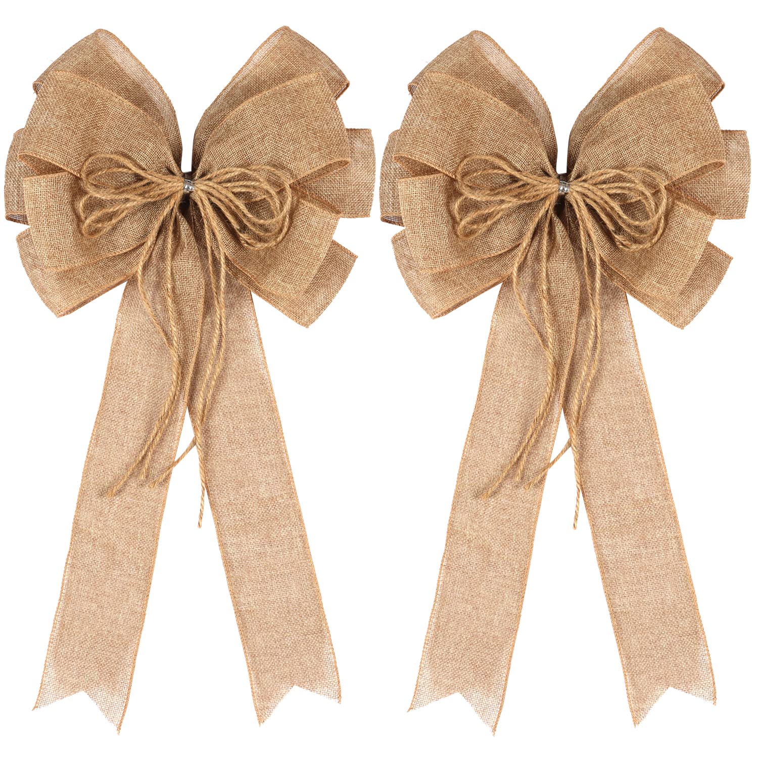 2 Pack Large Burlap Jute Hemp Rope Bows for Wreaths,Rustic Farmhouse Crafts Bow Wrapping Tree Topper Wedding Holiday Birthday Pa