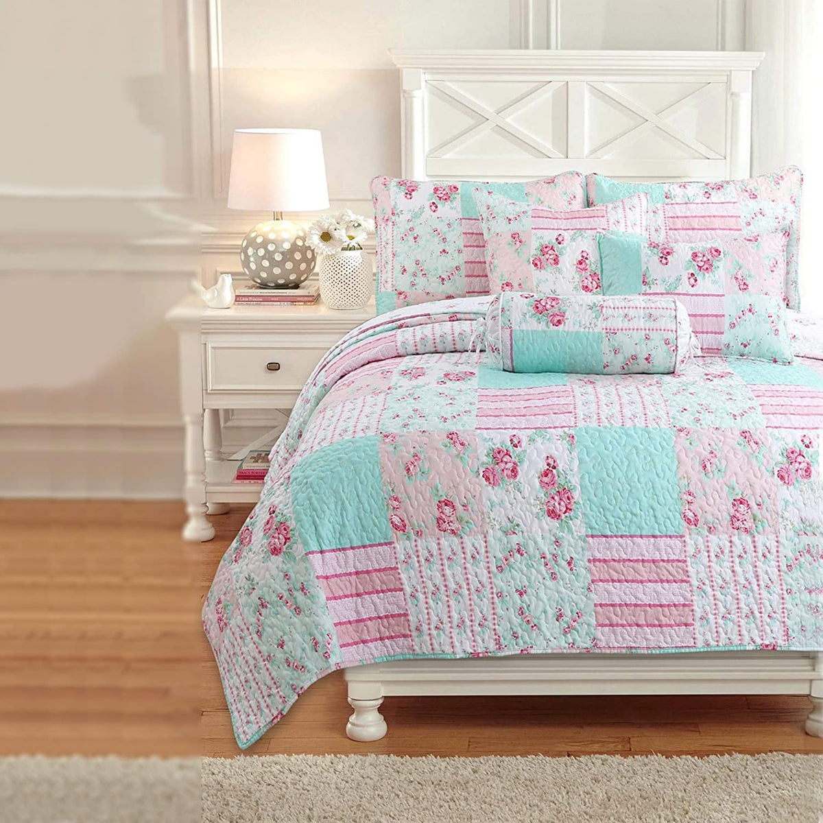 Cozy Line Home Fashions Bloom Floral Blue Rose Spring Reversible Quilt Bedding Set, Coverlet Bedspread Lightweight For All Seaso