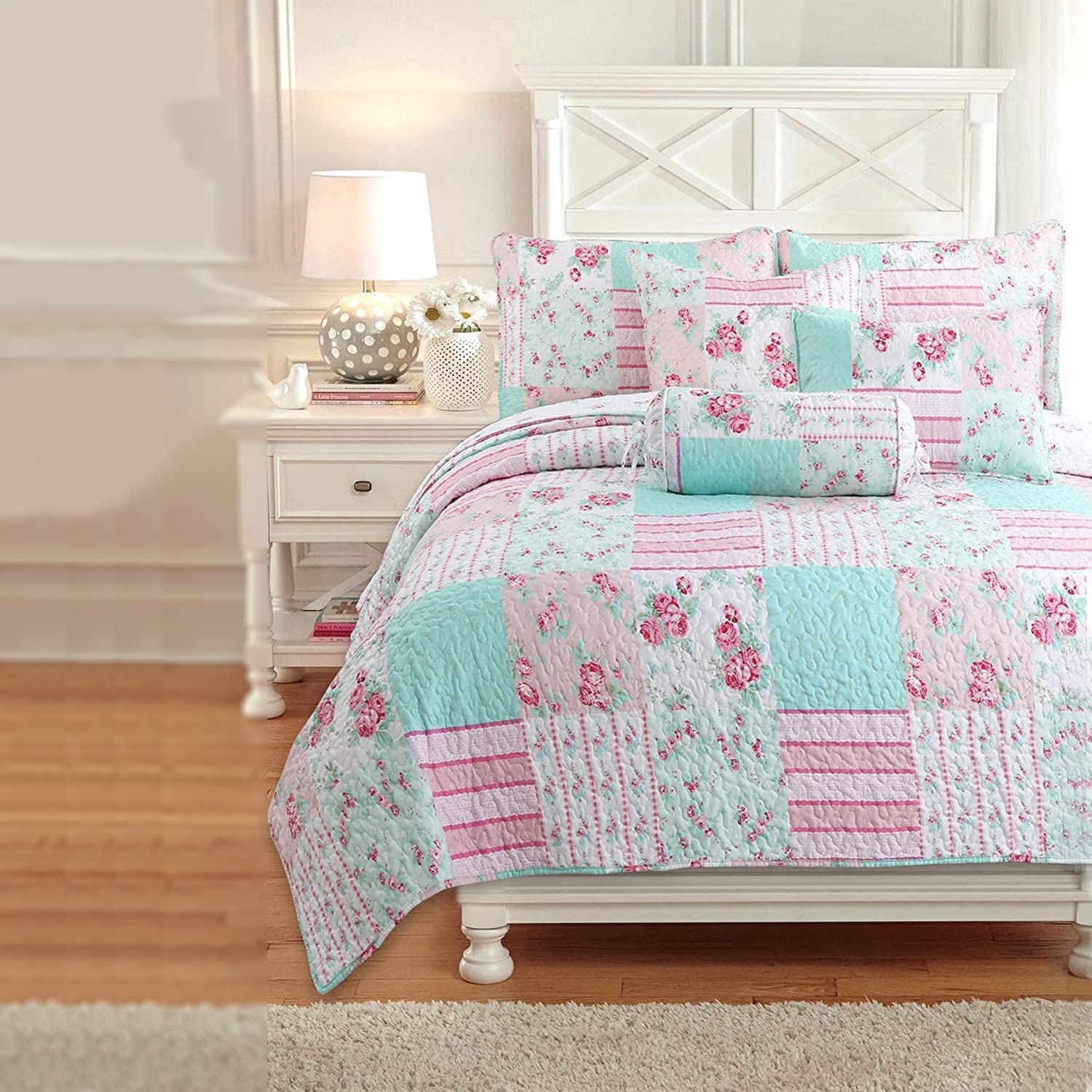 Cozy Line Home Fashions Bloom Floral Blue Rose Spring Reversible Quilt Bedding Set, Coverlet Bedspread Lightweight For All Seaso