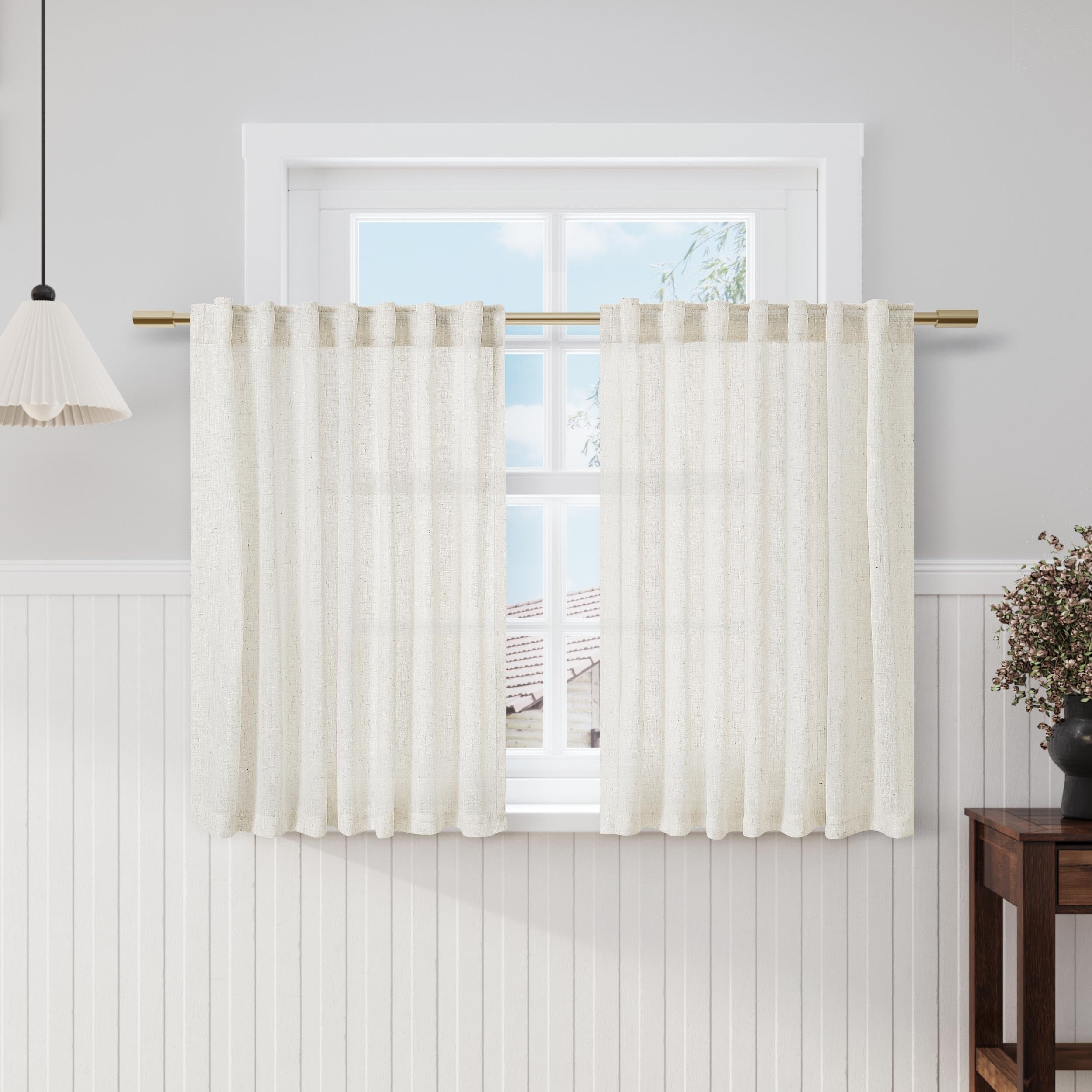 Nanspring Off White Cafe Curtains 45 Inch Length Set 2 Panel Back Tab Pocket Semi Sheer Short Linen White Curtain Tiers For Smal