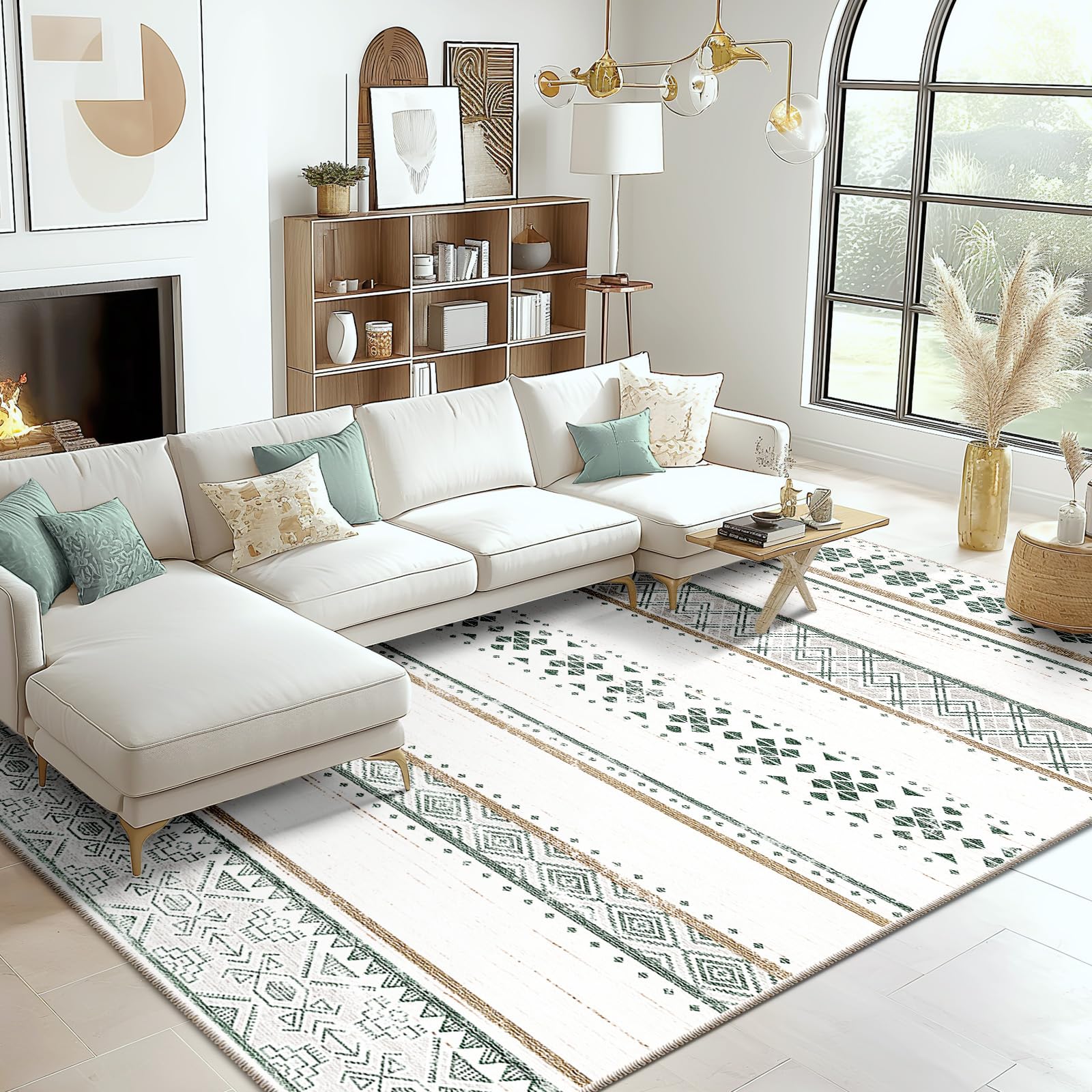 BESTSWEETIE 9x12 Area Rug for Living Room Washable Rug Moroccan Farmhouse Neutral Geometric Soft Non-Slip Low Pile Water Repelle