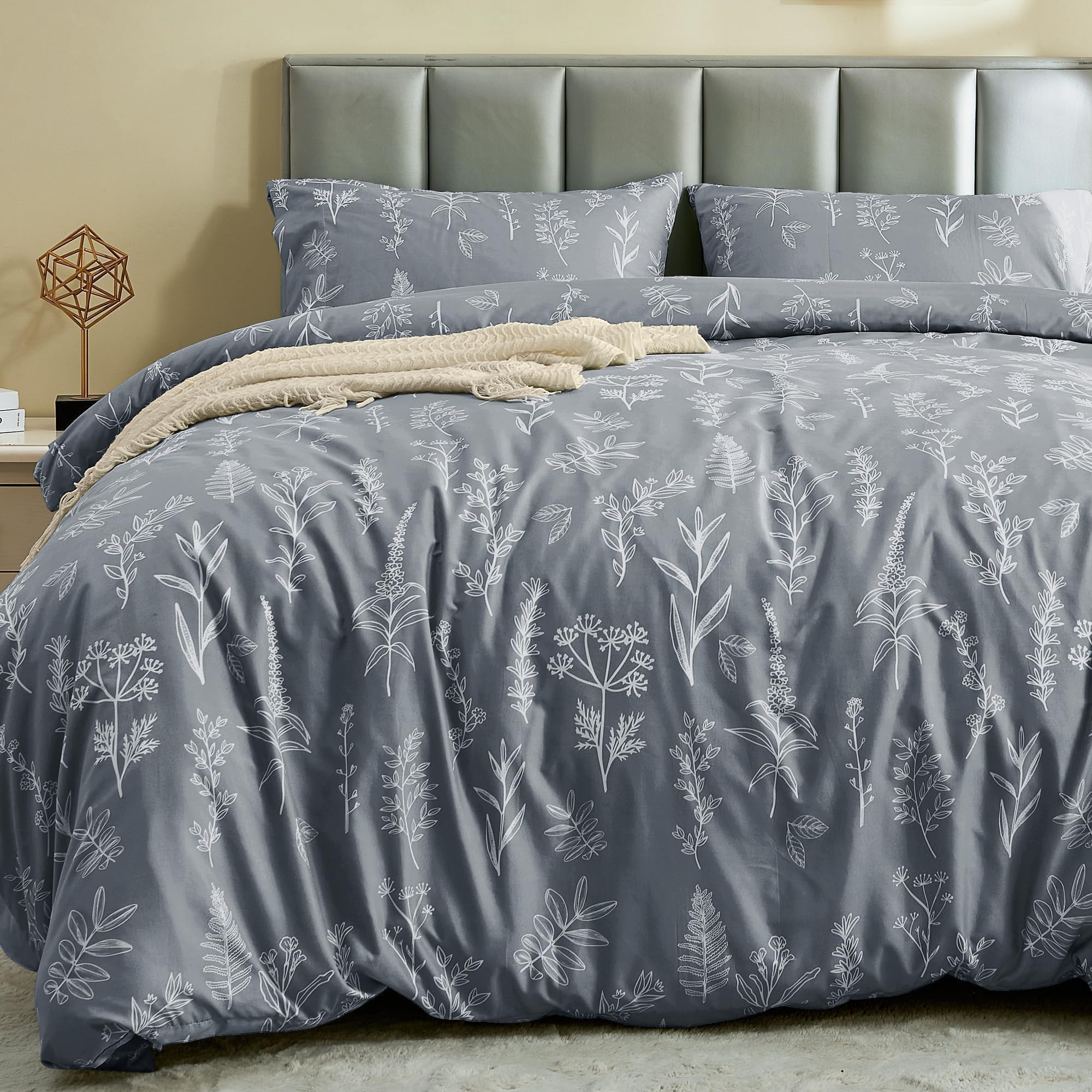 Muxhomo Duvet Cover King Size, Reversible Floral Grey Duvet Cover Set With Zipper Closure, 3 Pieces Botanical Patterns Soft Micr