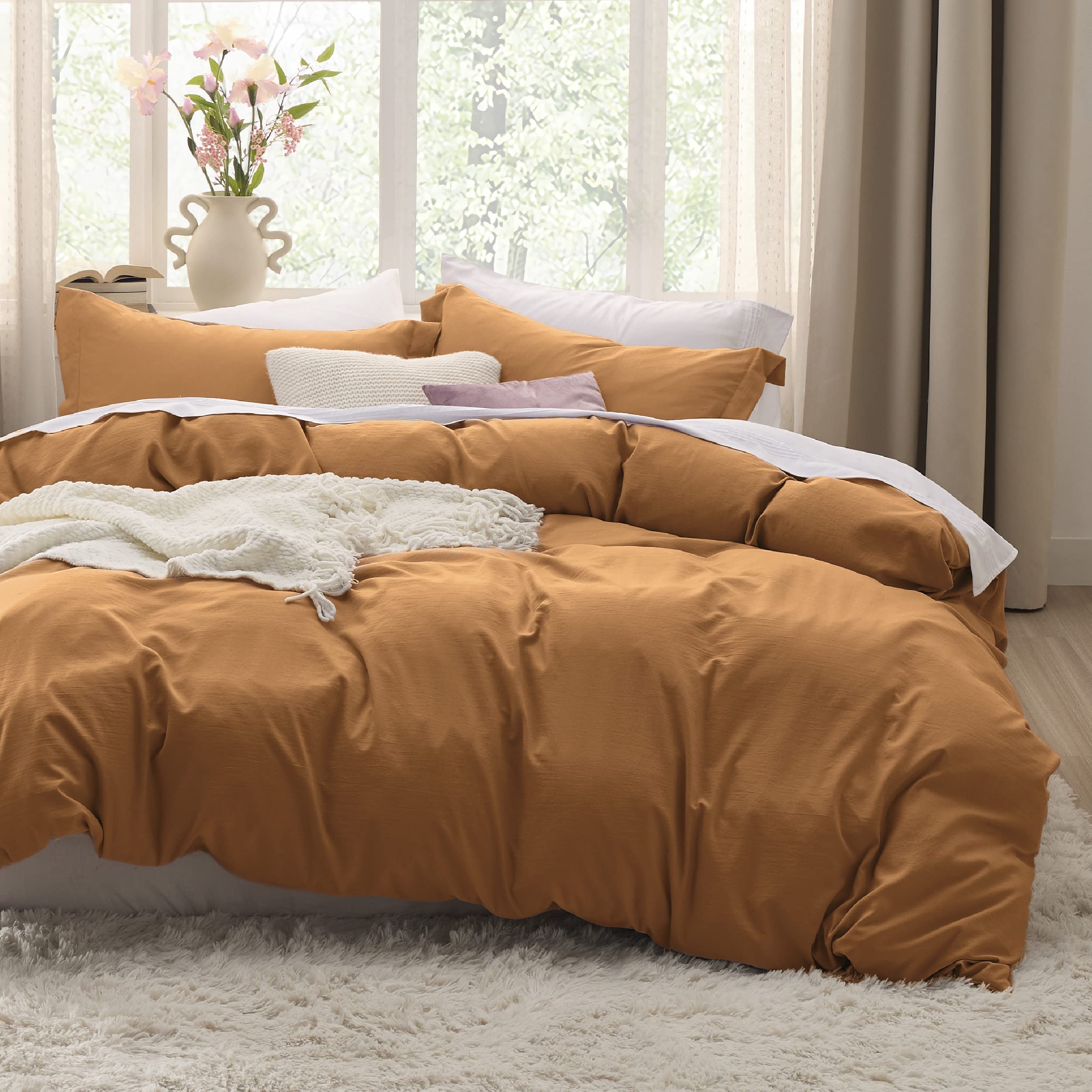 Bedsure Honey Ginger Duvet Cover Queen Size - Soft Prewashed Queen Duvet Cover Set, 3 Pieces, 1 Duvet Cover 90X90 Inches With Zi