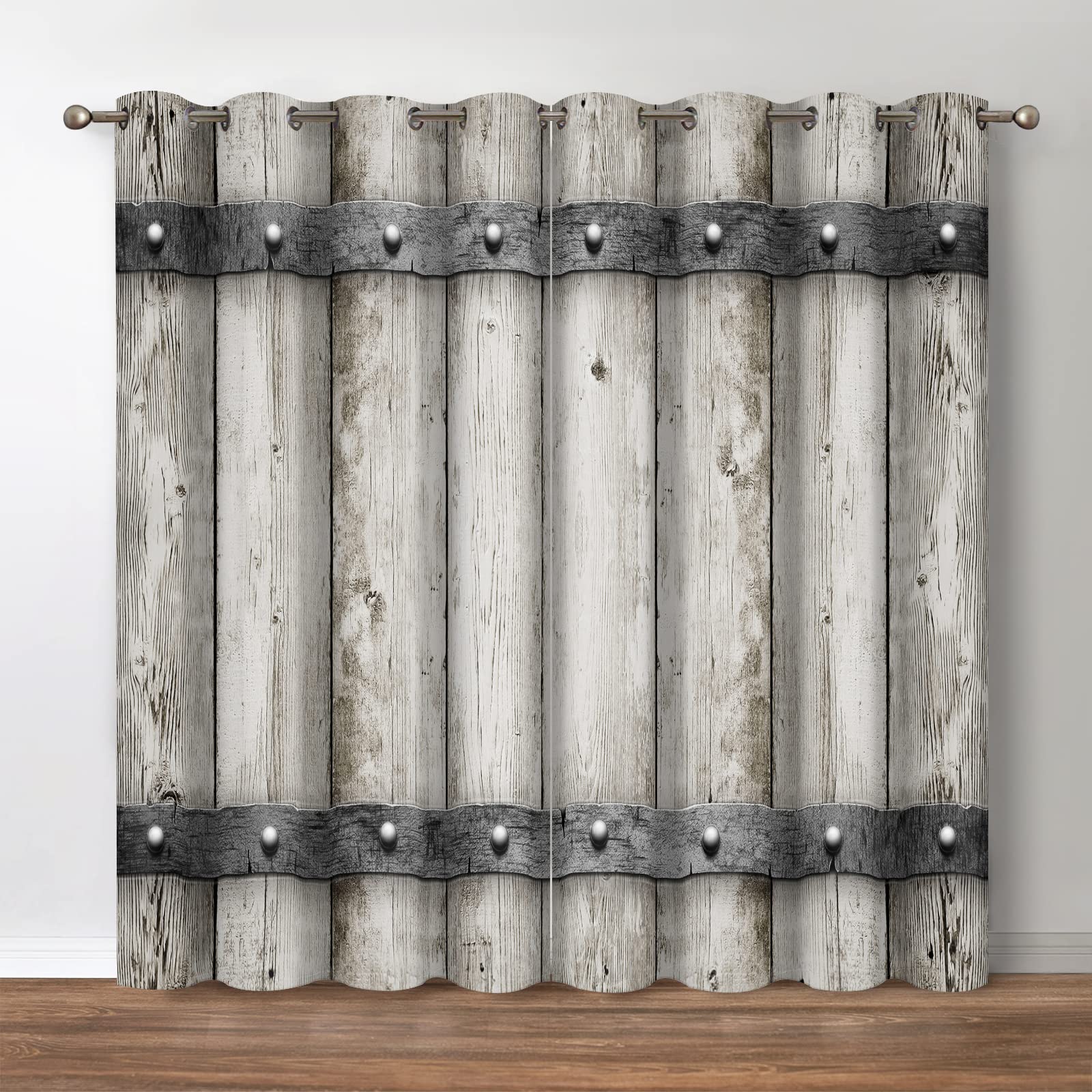 Jekeno Rustic Wooden Barn Door Blackout Curtains Retro Wood Farm Farmhouse Country Decor for Bedroom Living Room Darkening Gromm