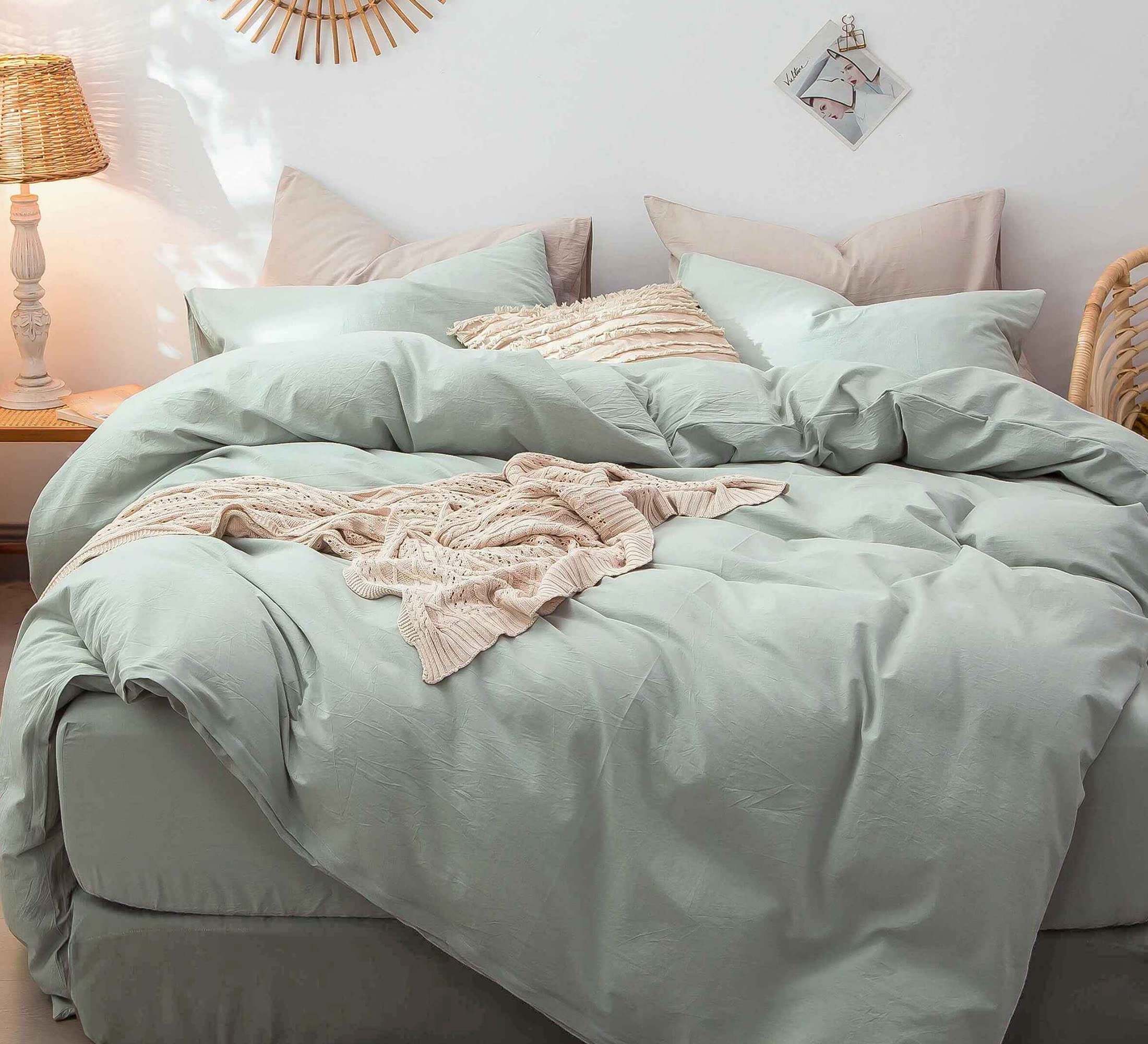 Moomee Bedding Duvet Cover Set 100% Washed Cotton Linen Like Textured Breathable Durable Soft Comfy (Sage Green, Oversized King)