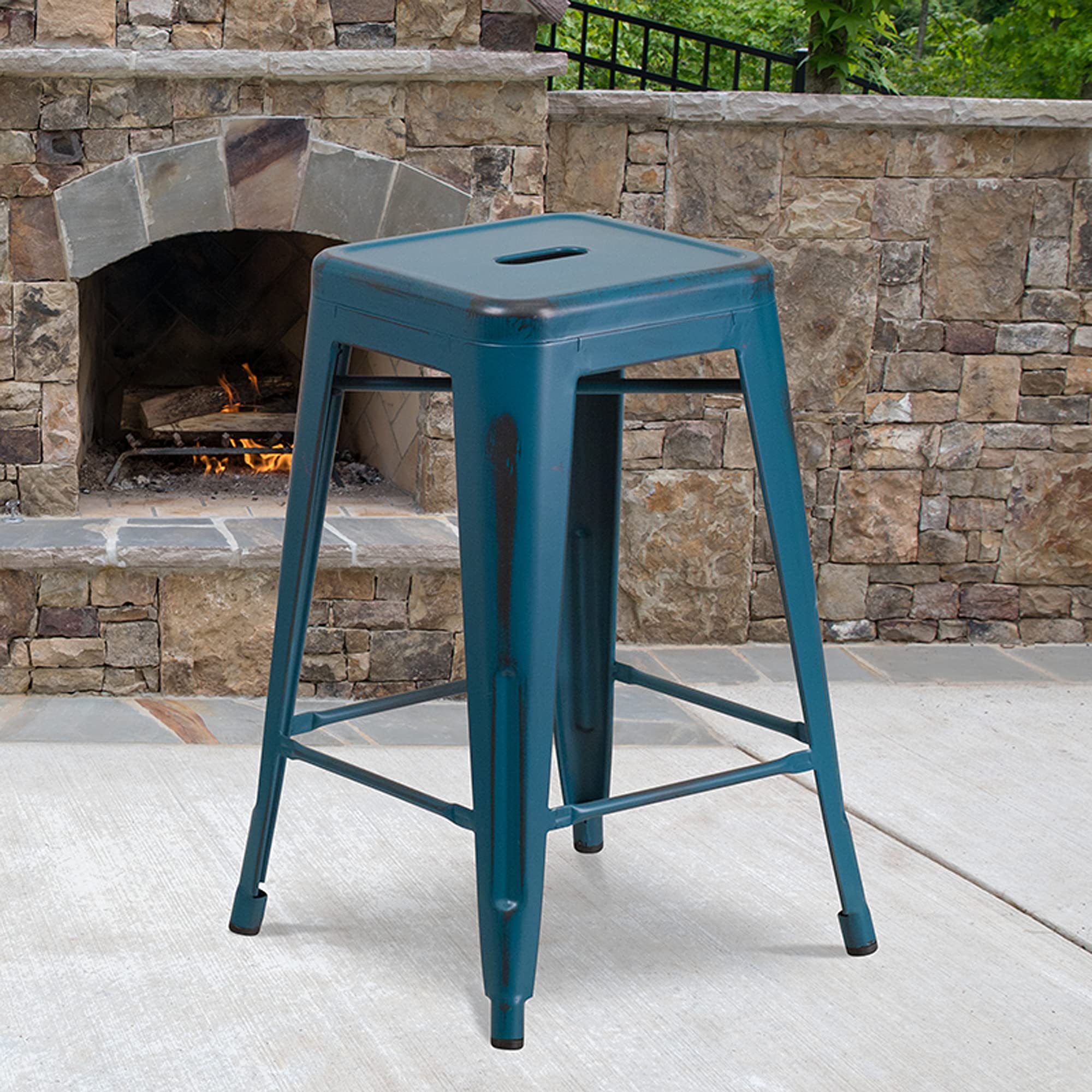 Flash Furniture Commercial Grade 24&quot; High Backless Distressed Antique Blue Metal Indoor-Outdoor Counter Height Stool