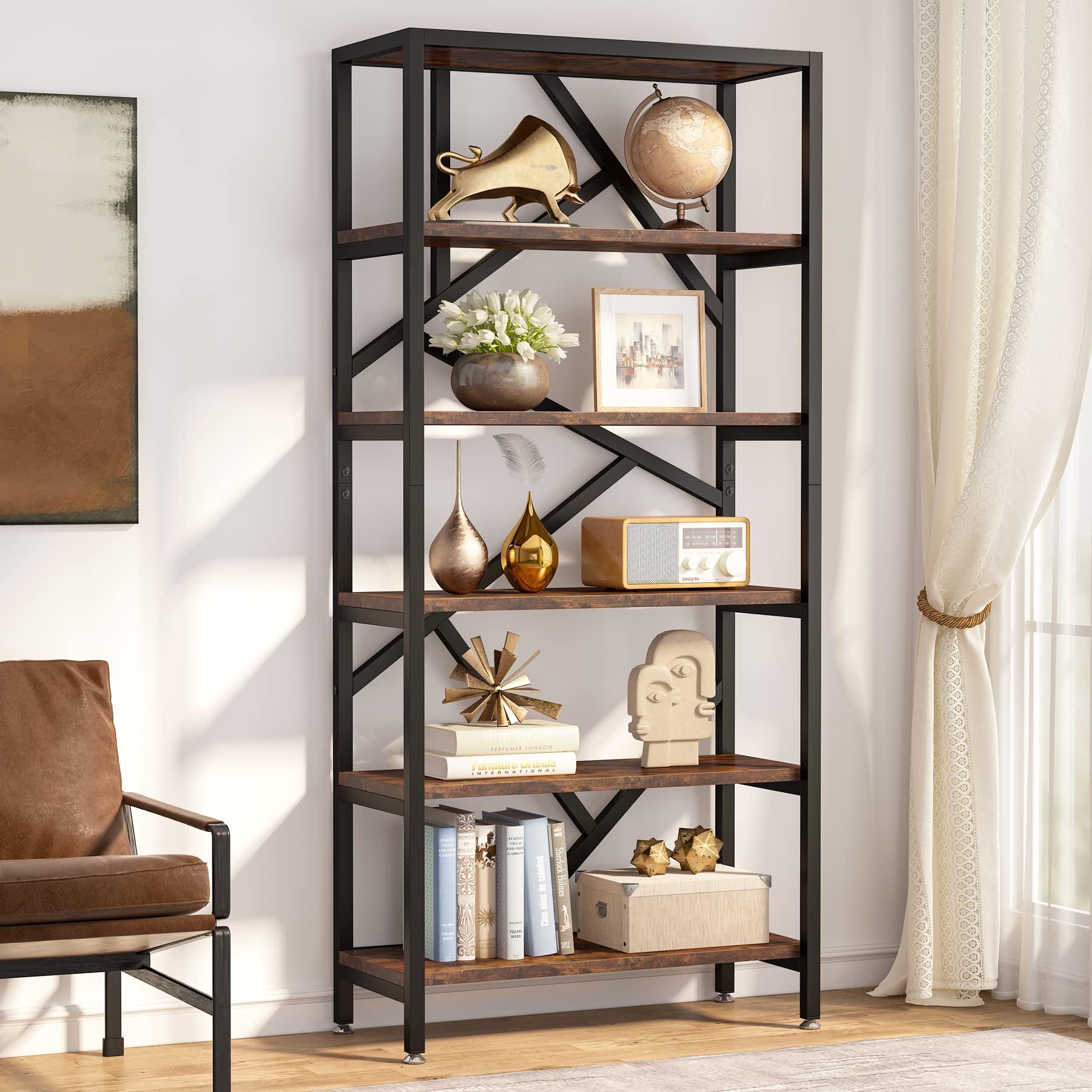 Tribesigns 71 Inch Industrial Bookshelf, 6 Shelf Etagere Bookcase, Free Standing Open Book Shelves Storage Display Shelf, Wood Shelving Units Organizer Rack For Bedroom Home Office Living Room