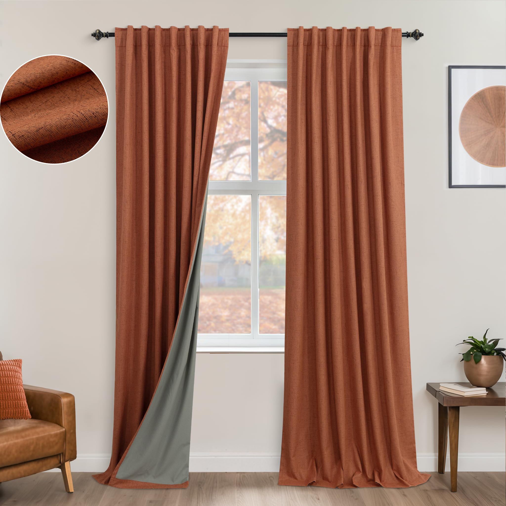 Koufall Bohemian Curtains For Living Room,Back Tab Terracotta Boho Farmhouse Linen Blackout Curtain Drapes 90 Inches Long For Be